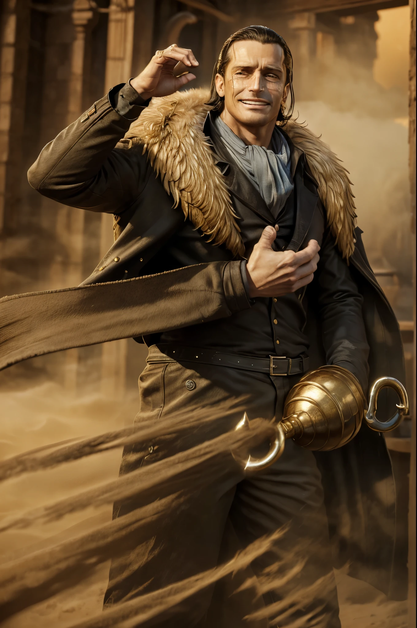 masterpiece, best quality, extremely detailed, hyperrealistic, photorealistic, a cool 40s man, ultra detailed face:1.2, fur-trimmed coat, scarf around the neck, his left hand is a golden pirate hook:1.1, in sandstorm, sly smile
