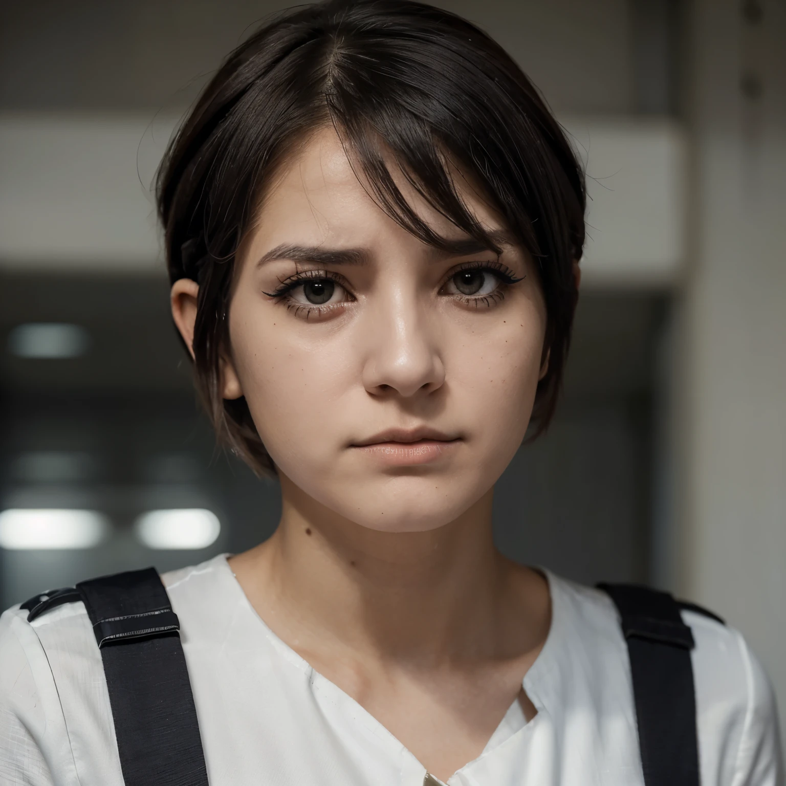 ((mujer albina)) (ojos tristes) (inclinados hacia abajo) (short hair tucked behind the ear) very long and white eyelashes,(cabello blanco) (media parte del cuerpo, dressed as war police ( serious and somewhat sad expression) (ojo grises) (nariz tomada)