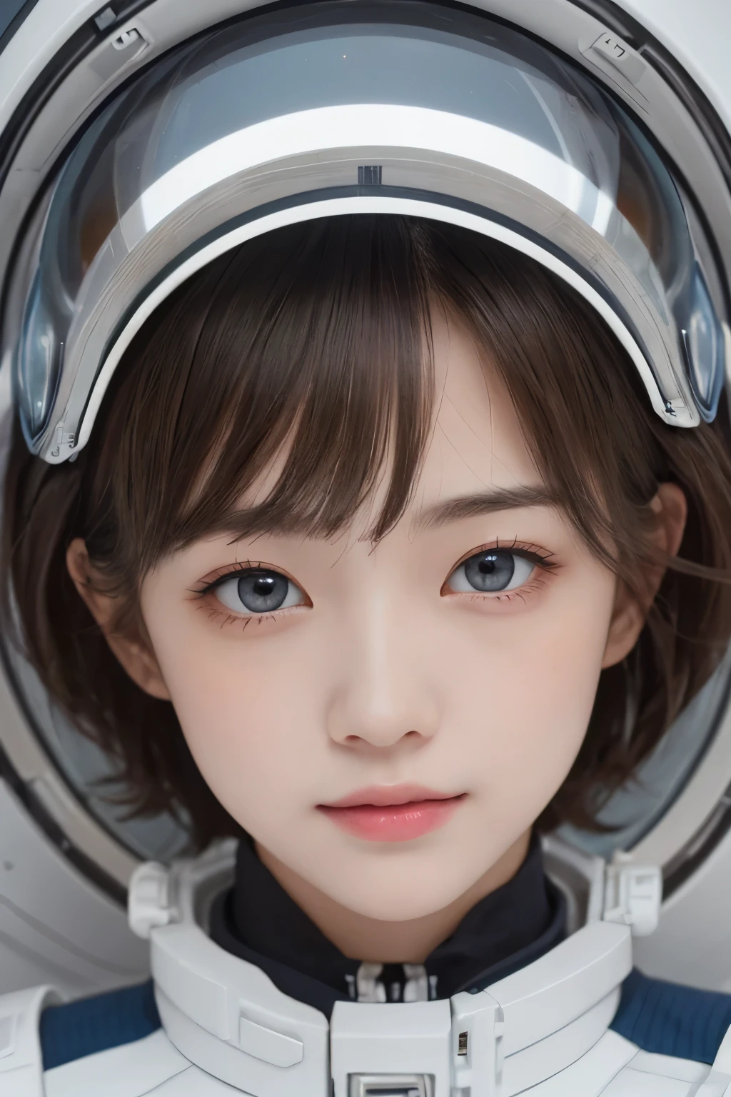 highest quality、masterpiece、ultra high resolution、(real:1.4)、Beautiful woman１、Beautiful details of eyes and skin、light brown short cut hair、small smile、perfect spacesuit、spaceship、Remains、cloudy sky、