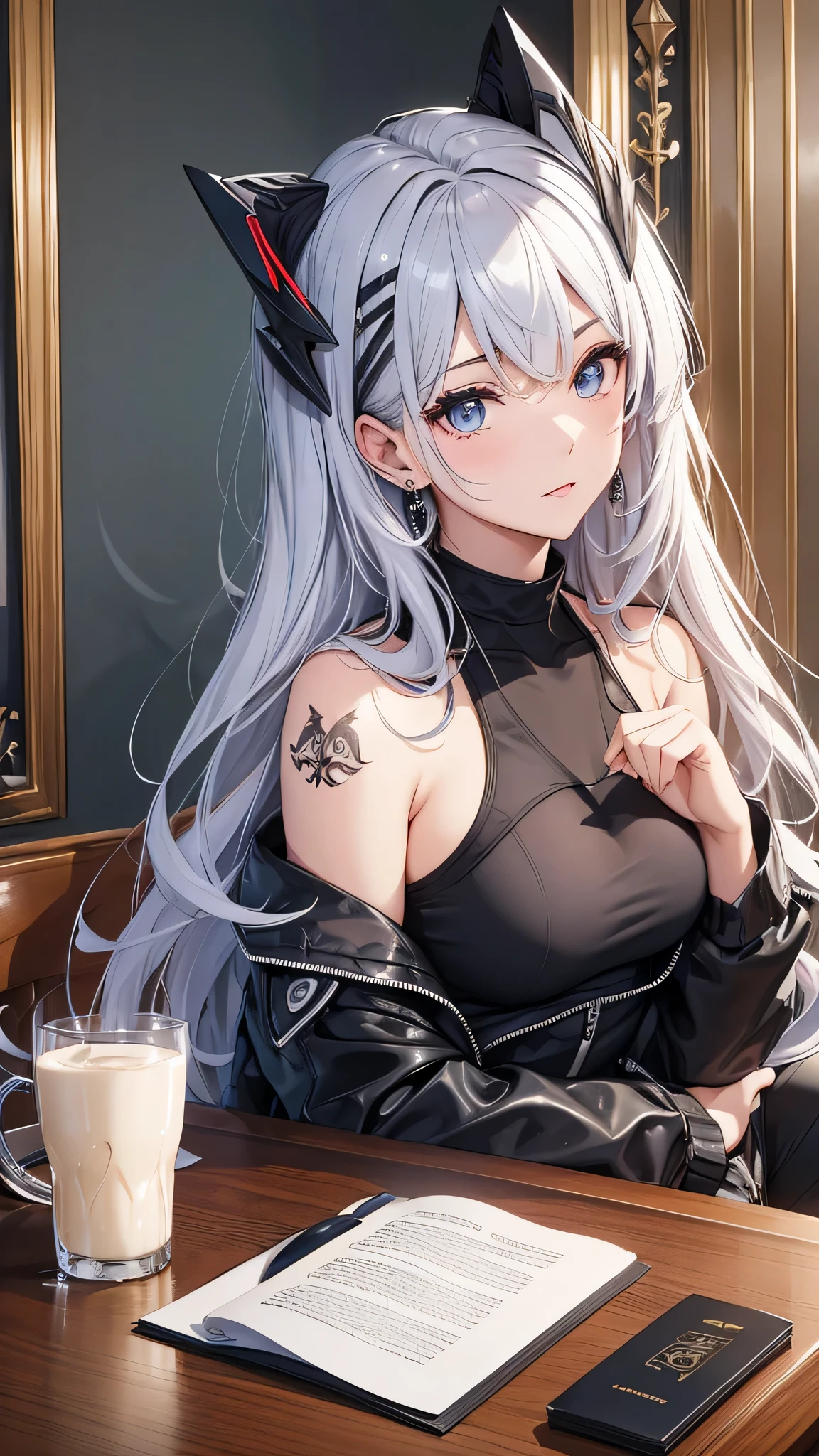 最high quality、best image quality、masterpiece、girl((20-year-old、 By becoming、vest bust、medium bust,wide open breast tea、shining eyes, silver hair、long hair、thin,highest valley、black sports bra、black sports pants、shoulder tattoo,diamond earrings、Wristband、black jacket、blue and red odd eyes)),high quality、beautiful art、background((Beautiful hotel room,table、serial、milk))、Flight、debris flies、Depth of written boundary、movie、visual art、perfect art、8K,genuine、Dynamic Performance