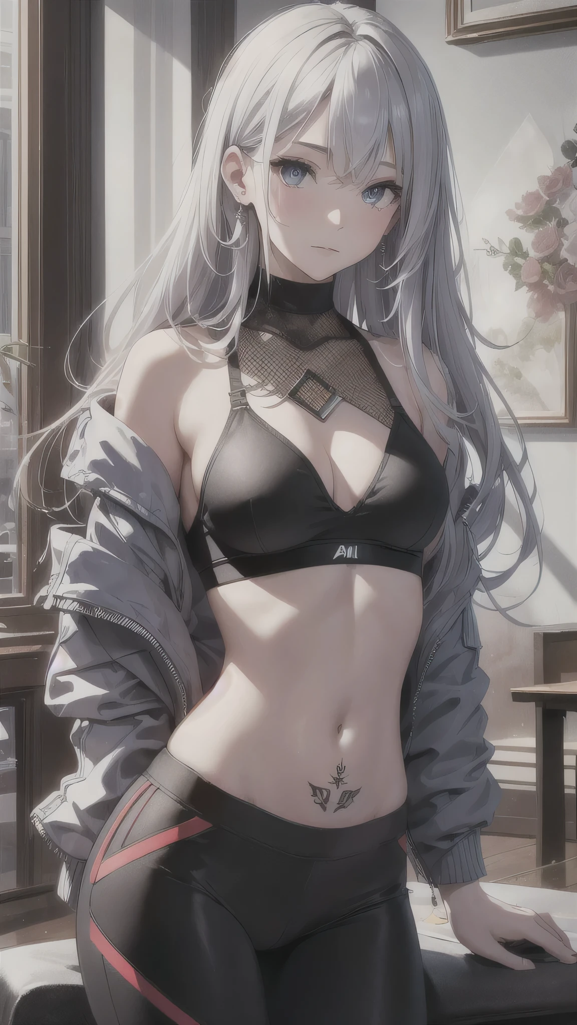 最high quality、best image quality、masterpiece、girl((20-year-old、 By becoming、vest bust、medium bust,wide open breast tea、shining eyes, silver hair、long hair、thin,highest valley、black sports bra、black sports pants、shoulder tattoo,diamond earrings、Wristband、black jacket、blue and red odd eyes)),high quality、beautiful art、background((Beautiful hotel room,table、serial、milk))、Flight、debris flies、Depth of written boundary、movie、visual art、perfect art、8K,genuine、Dynamic Performance