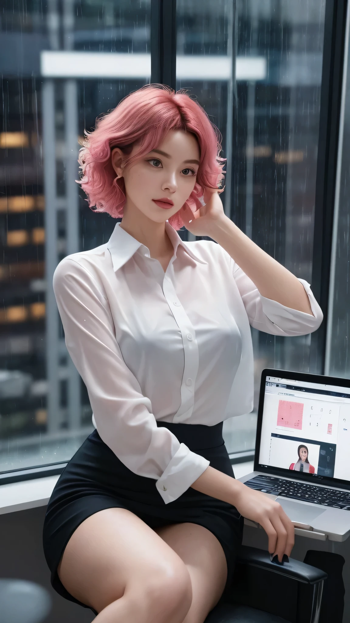 Perched high in a skyscraper office, Rain paintings streak across the windowpane, Women stand out in the corporate world, her hair is vibrant,proved her character. She has bold pink short hair, A bold departure from the traditional corporate look, Symbolizing her innovative spirit in the securities field. The ends of her hair are gently curled, Adds a touch of sophistication and a hint of playfulness to bright tones. these curls, and a subtle fade at the tips., Create a sleek, modern look, Highlight her ability to combine professionalism with personal talent. as she stares out at the city soaked by heavy rain or focuses on the financial markets on her computer screen, Her hair isn't just a personal choice, But it reflects her dynamic approach to her career in finance. Her striking hairstyle contrasts with the traditional business environment of the high-rise office,Create a compelling image of a confident professional,She embraces her uniqueness as she navigates the complex world of finance.