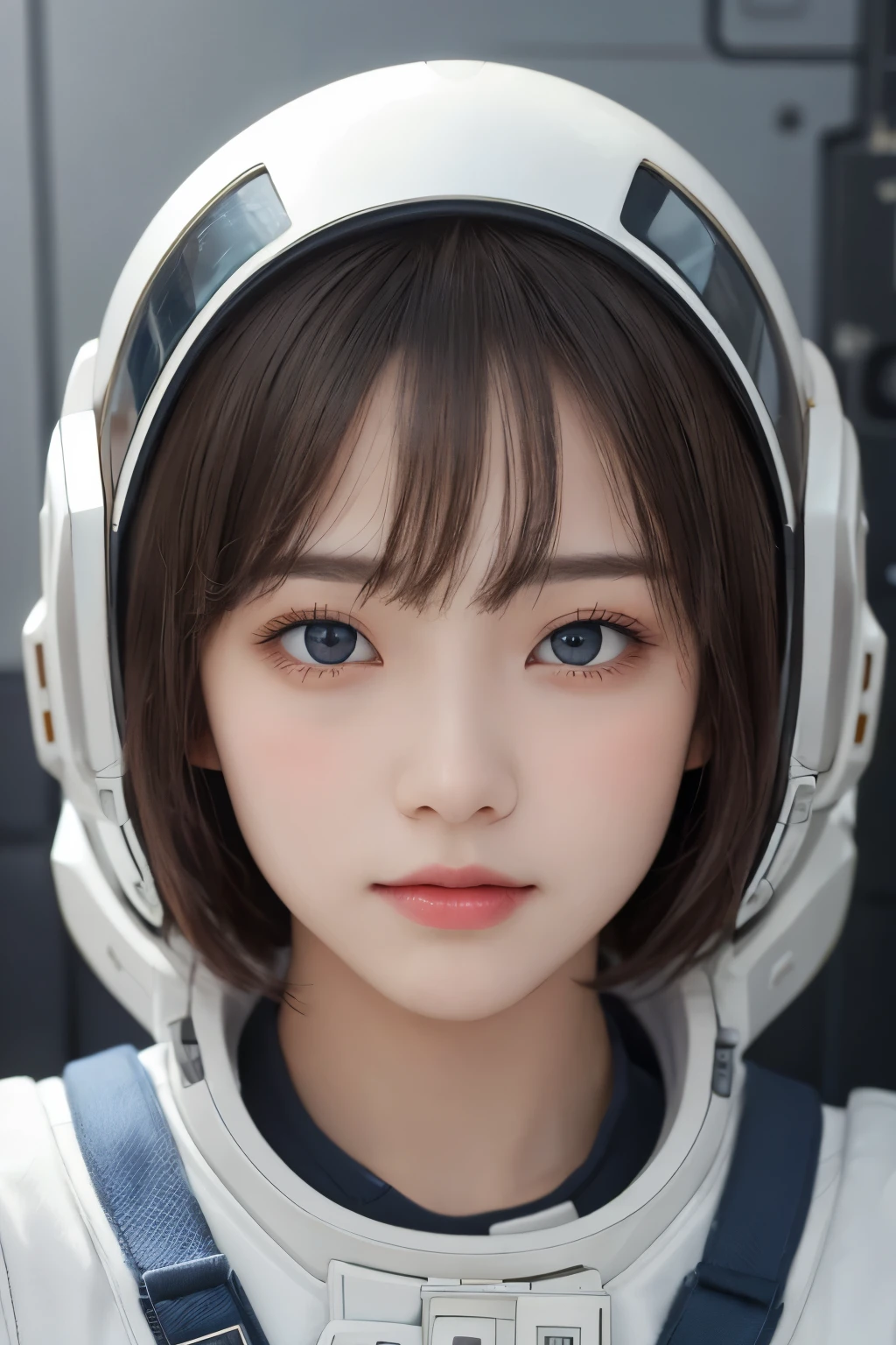 highest quality、masterpiece、ultra high resolution、(real:1.4)、Beautiful woman1、Beautiful details of eyes and skin、light brown short cut hair、small smile、perfect spacesuit、spaceship、Remains、cloudy sky、