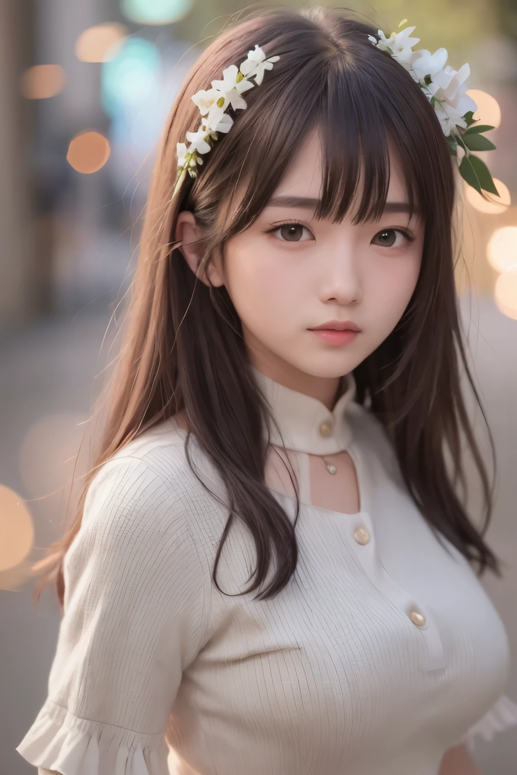 real girl, cute face、on campus, cherry blossoms, simple canvas style painting style), (Bright and fresh color matching), (No expression, natural behind the handle), (mid spring, 通りの両側には見事なcherry blossoms並木が) (Beautiful blue sky and white clouds, soft and colorful, sunlight), minimalist background.