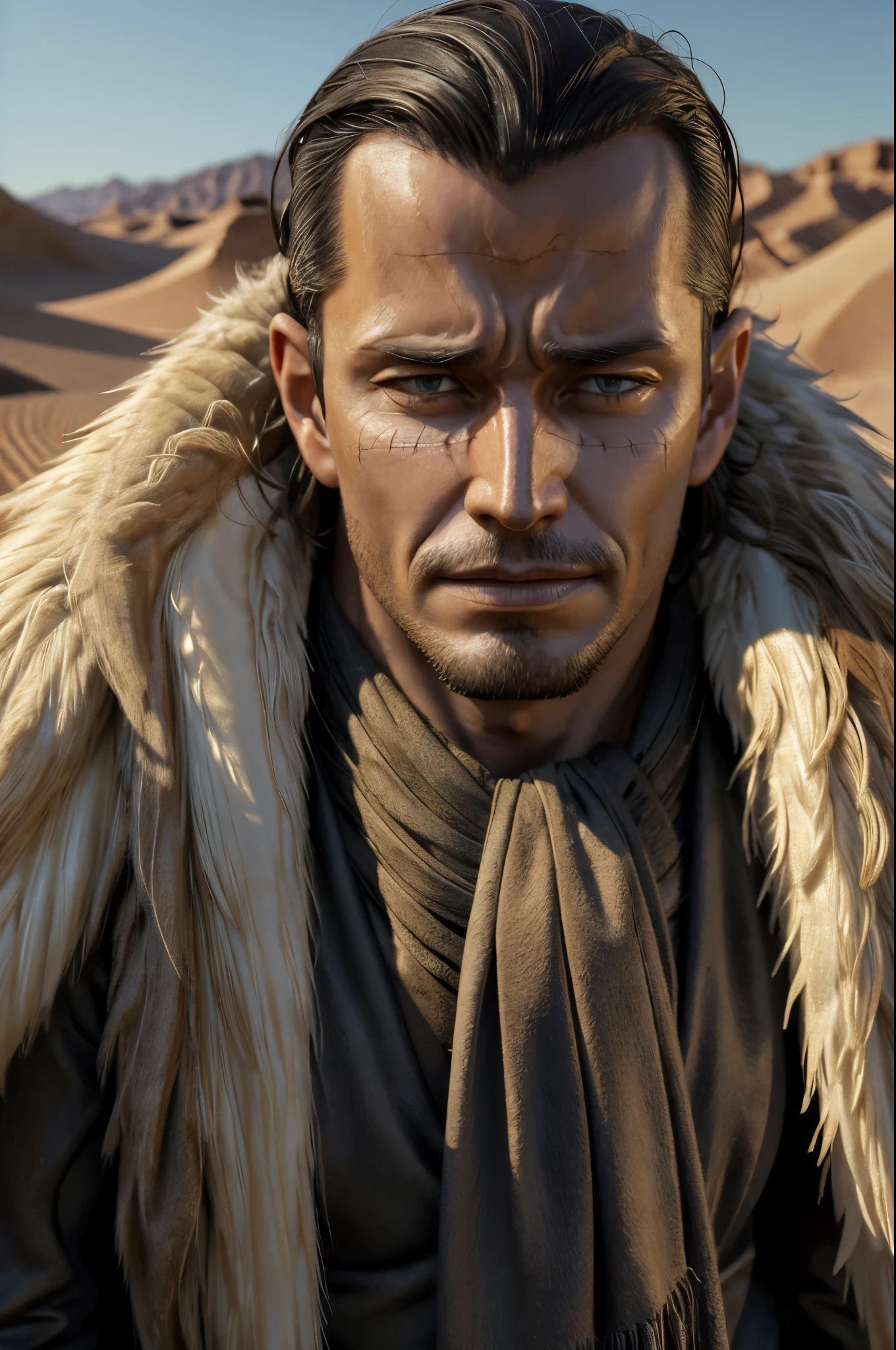 masterpiece, best quality, extremely detailed, hyperrealistic, photorealistic, a cool 40s man, ultra detailed face:1.2, fur-trimmed coat, scarf around the neck, desert, dynamic pose:1.2