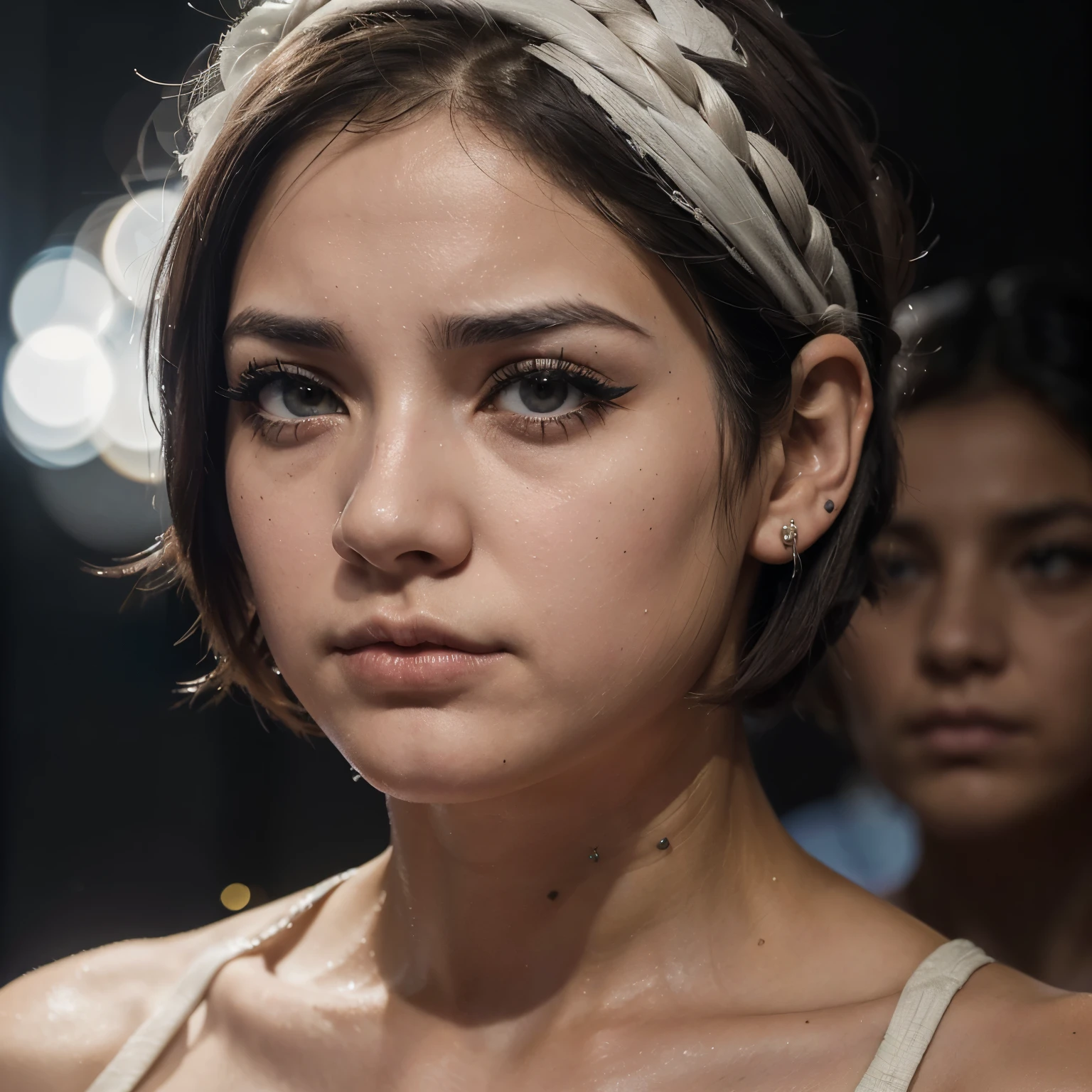 ((mujer albina)) (ojos tristes) (inclinados hacia abajo) (short hair tied behind the ear) very long and white eyelashes,(cabello blanco) (media parte del cuerpo, disfrazado de policia de guerra ( serious and somewhat sad expression) (ojo grises) ((CABELLO BLACO))