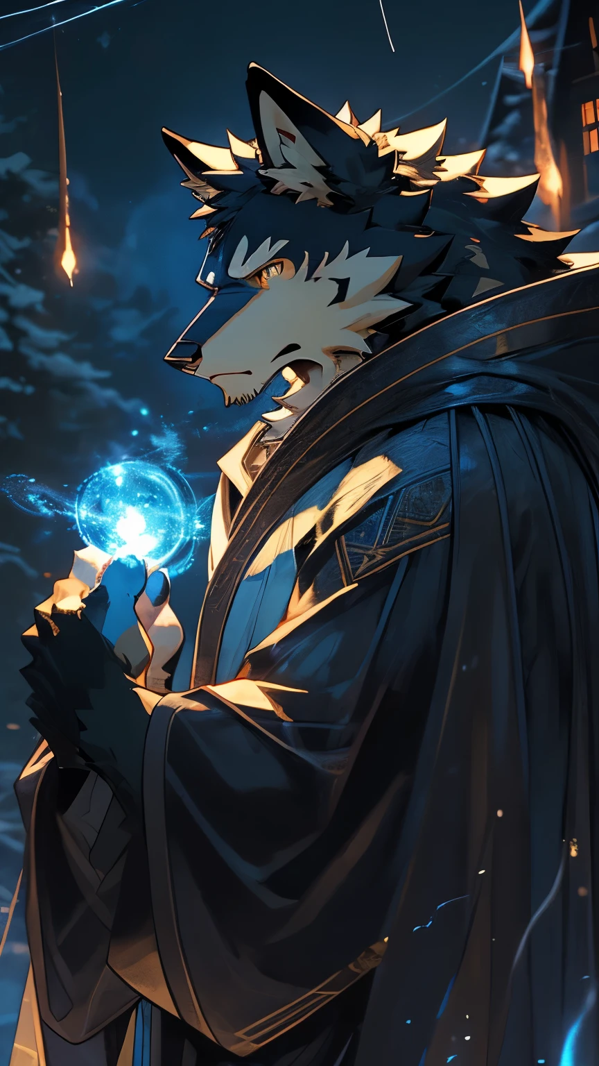 ((best quality)), ((masterpiece)), (detailed), perfect face,solo,kemono,night,fantasy,rainy,thunder,black fur,golden stripes,anthro black wolf.wore a robe that hugged his muscular frame, with a long blue cloak draped over his shoulders.golden eyes,magic,wizard hooded