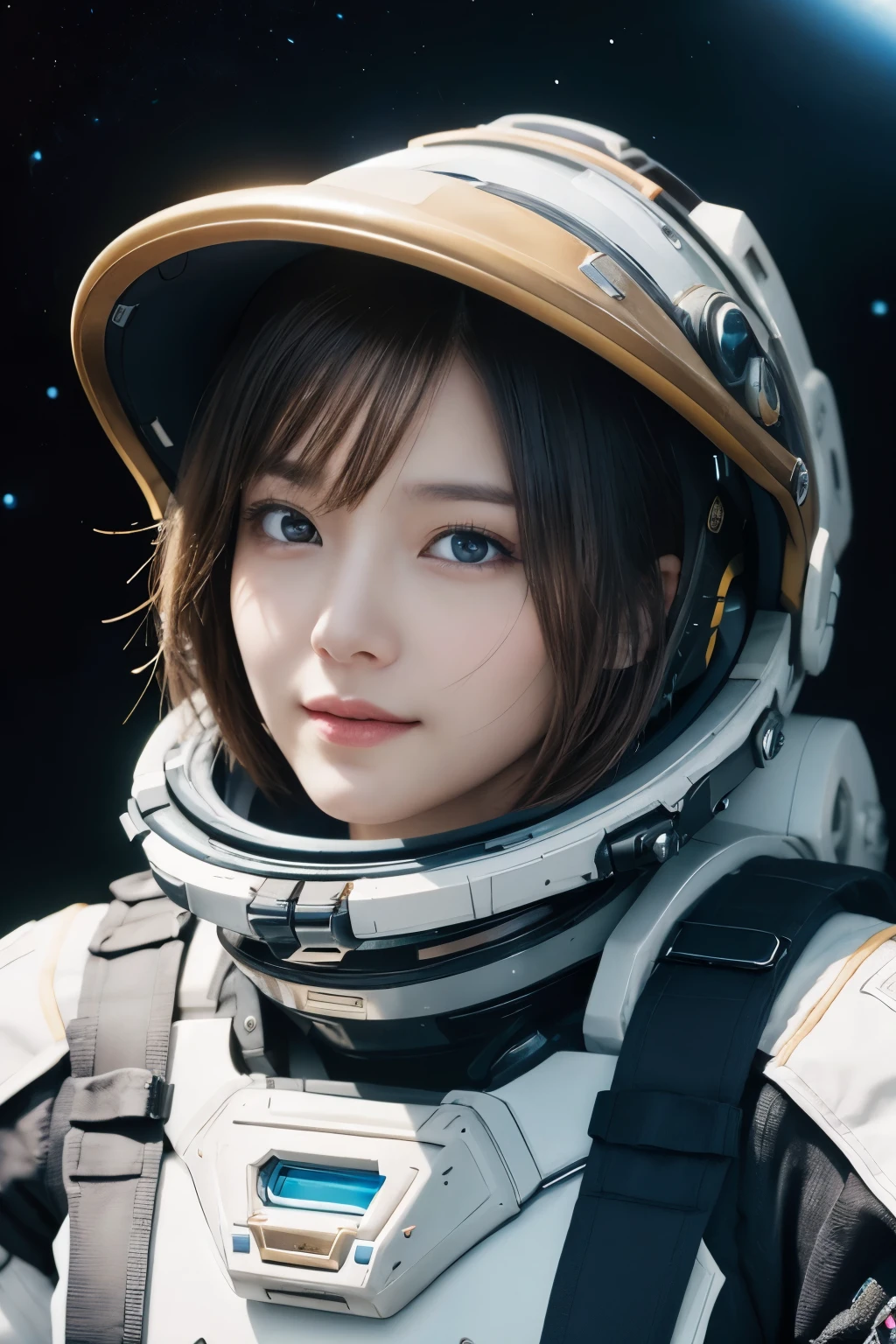 highest quality、masterpiece、ultra high resolution、(real:1.4)、Beautiful woman１、Beautiful details of eyes and skin、light brown short cut hair、small smile、perfect spacesuit、spaceship、Remains、cloudy sky、
