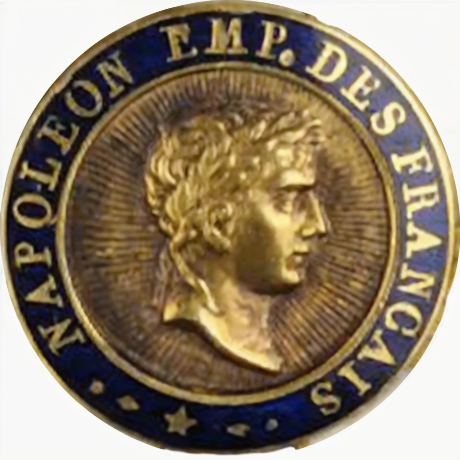 a close up of a gold medal with a blue border, napoleon, napoleonic, french emperor, medallion, medal, medallions, badge, inspired by Horatio Nelson Poole, [ [ award winning ] ], france, apollo, master, insignia, inspired by Cedric Seaut (Keos Masons), daniel, emblem, 1811, napoleonic wars