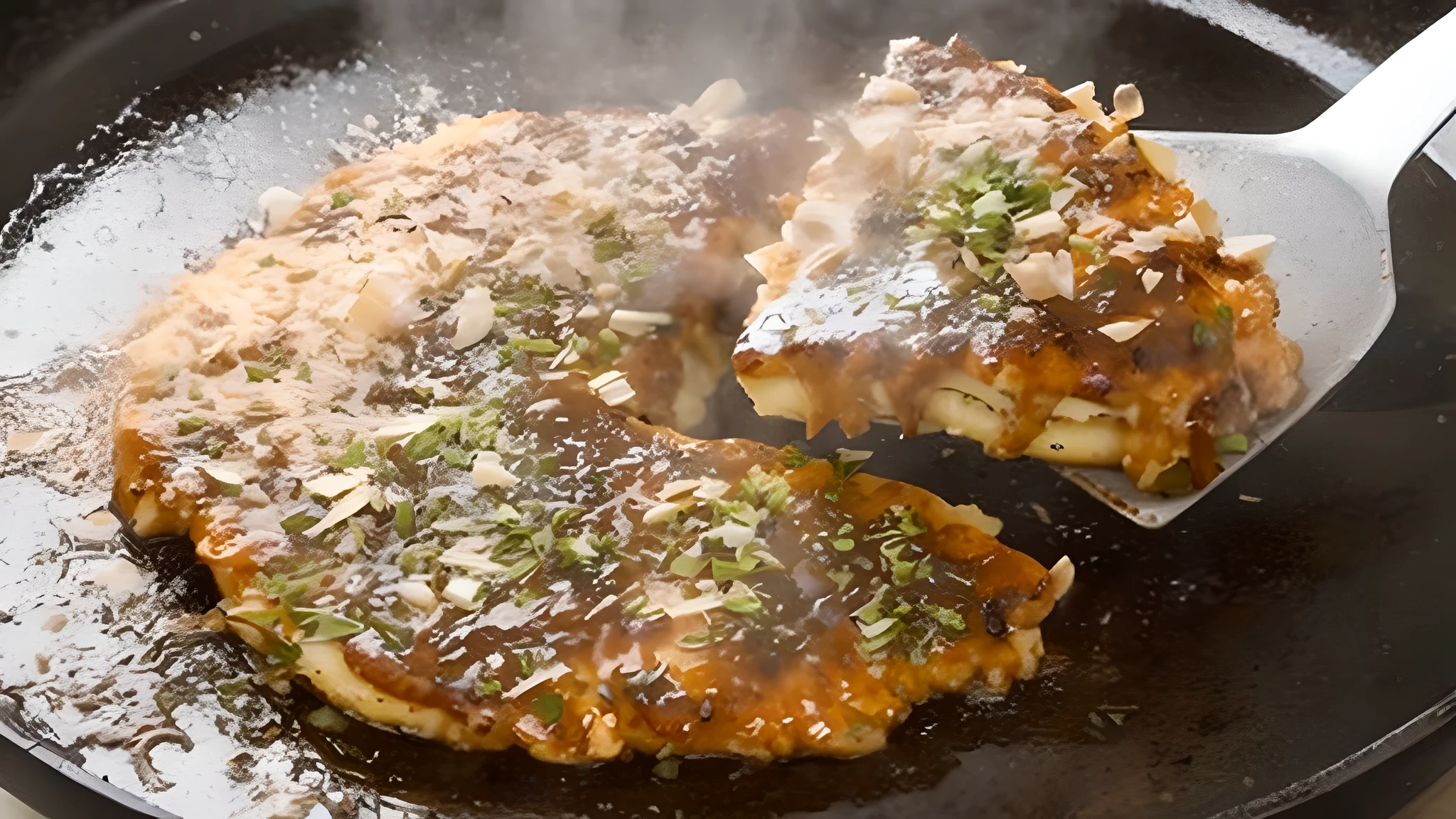 someone is cooking a meal in a skillet with a spatula, 3 4 5 3 1, koji morimoto shinjuku, hajime katoki, ❤🔥🍄🌪, yum, sosaku hanga, by Adam Manyoki, by Kano Tan'yū, yummy, tasty