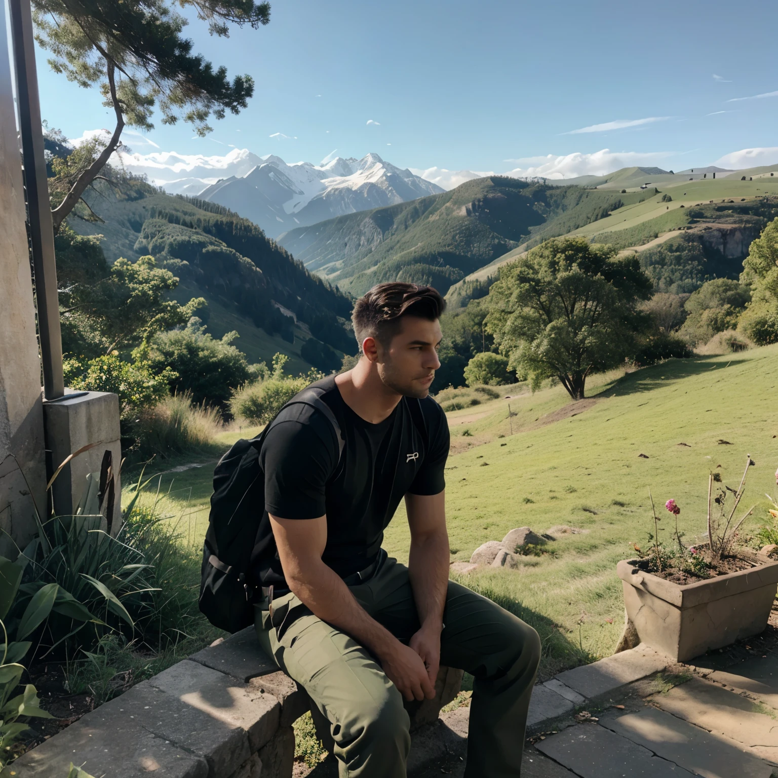 In a landscape a men sitting And facing The scenery