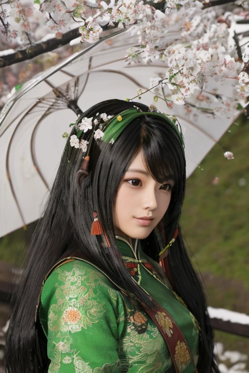 Guan Yinping, happy, black发, brown eyes, hair accessories, hair flower, Green roof, looking at the audience, forest, Half body, holding card, black, eternal, 上Half body，Cherry blossoms,river,An umbrella,snow,Flowers falling