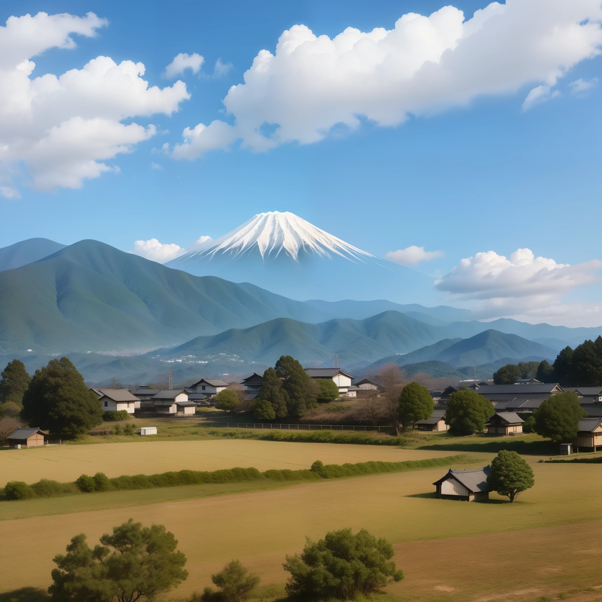 There is a field with a few trees and a few houses in the background, japanese countryside, japanese countryside, Japanese village in the background, Gunma Prefecture, There are mountains in the distance, japanese mountains, Visible from afar!!, mountains in the background, Surrounding small towns, japanese countryside, beautiful mountain behind々, scenic, there is blue sky, very very beautiful scenery