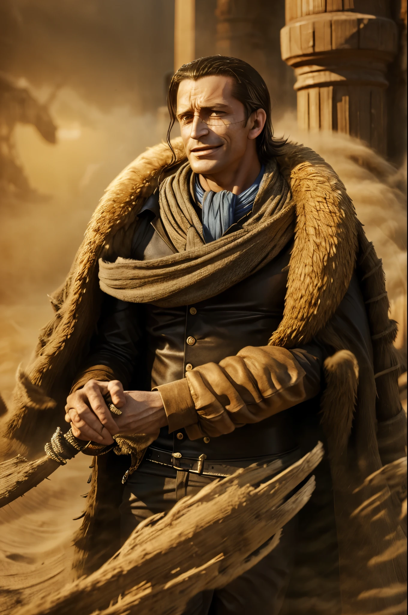 masterpiece, best quality, extremely detailed, hyperrealistic, photorealistic, a cool 40s man, ultra detailed face:1.2, fur-trimmed coat, scarf around the neck, his left hand is a golden pirate hook:1.1, in sandstorm, sly smile