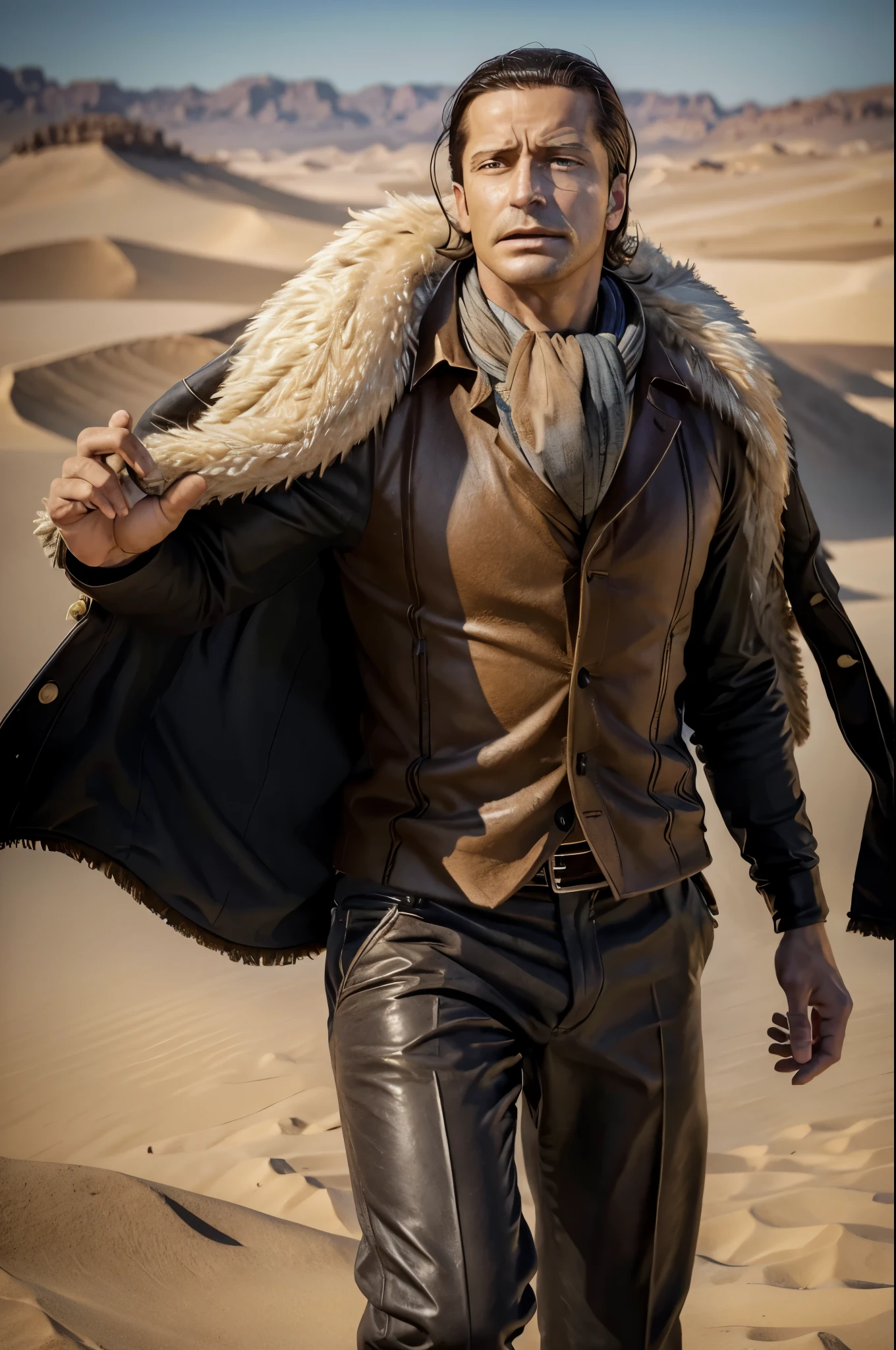 masterpiece, best quality, extremely detailed, hyperrealistic, photorealistic, a cool 40s man, ultra detailed face:1.2, fur-trimmed coat, scarf around the neck, desert, running pose
