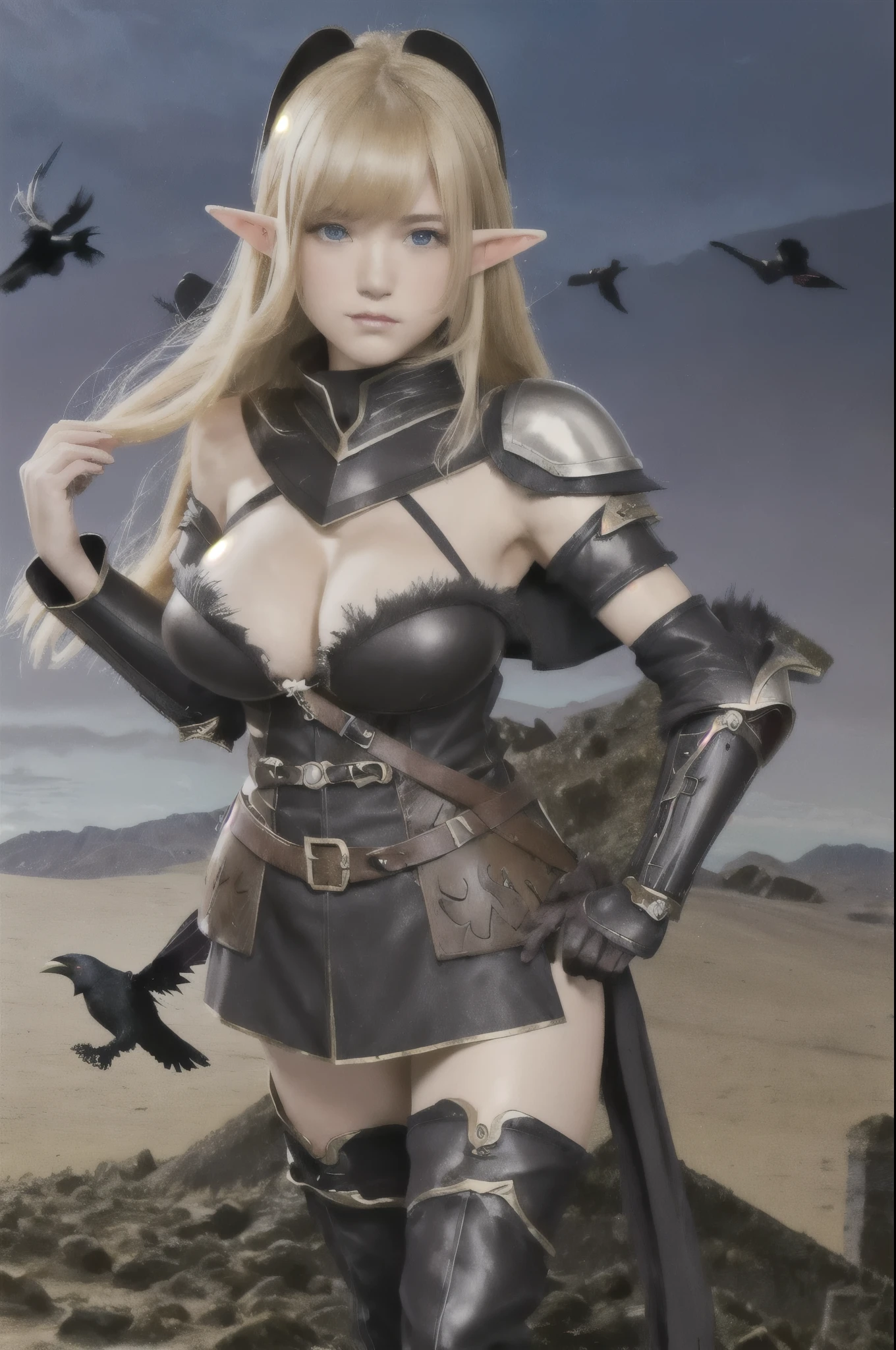 (8k wallpaper), best quality, (((masterpiece))), ultra high res, 1girl, (ars old)(beautiful anime eyes with fine detail)), offshoulder, in the dark, deep shadow, elf ears, very long blond hair, bangs, leather fantasy clothes, elf girl, (big breast:1.5), (((full body))), silver details, medieval clothes, detailed face, bootagic staff, beltt, bracelets, (((shoulder armor))), elegant, (((furr))), dress, (((crow in her shoulder)))