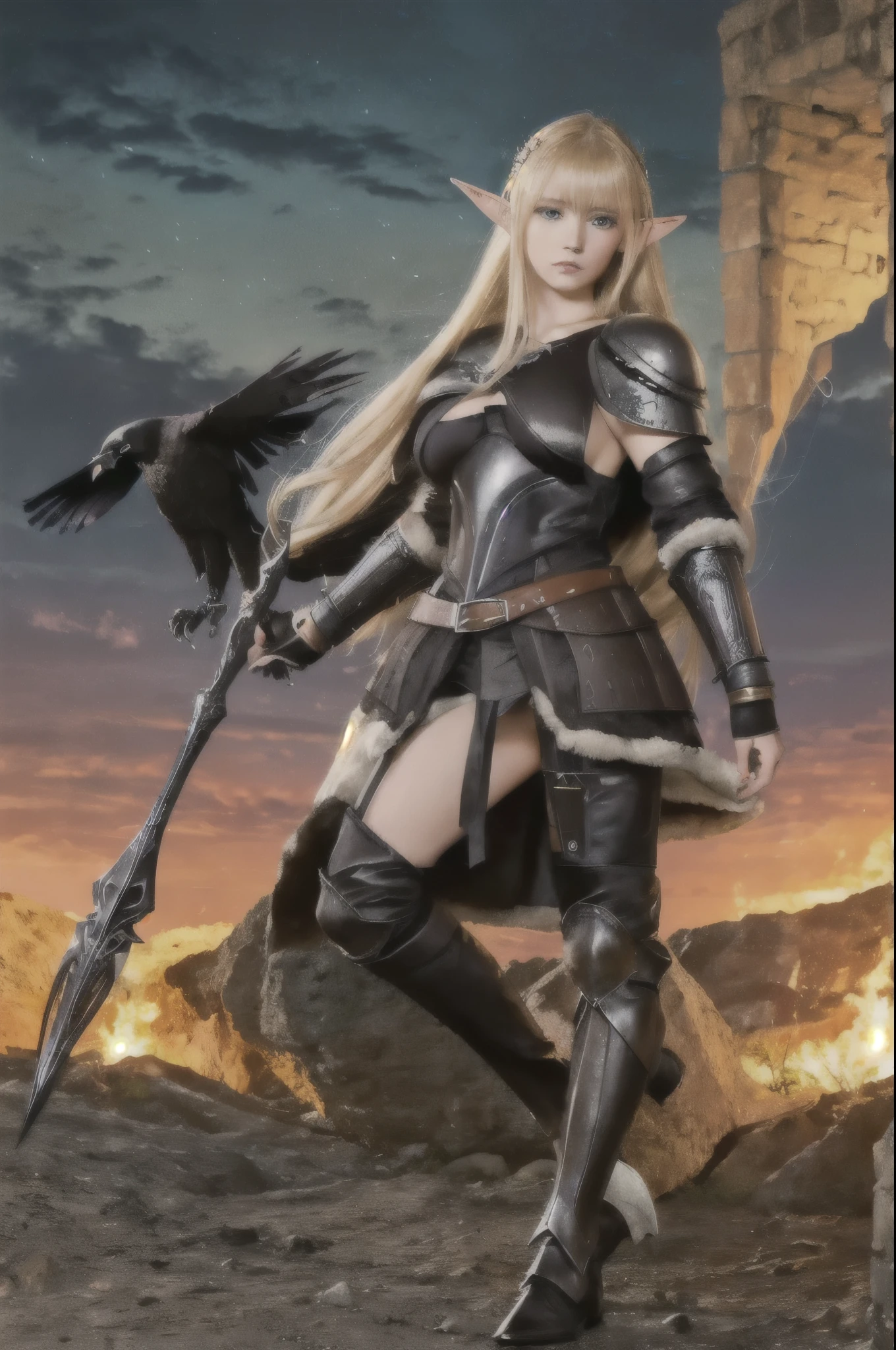 (8k wallpaper), best quality, (((masterpiece))), ultra high res, 1girl, (17years old), ((beautiful anime eyes with fine detail)), offshoulder, in the dark, deep shadow, elf ears, very long blond hair, bangs, leather fantasy clothes, elf girl, (big breast:1.5), (((full body))), silver details, medieval clothes, detailed face, bootagic staff, beltt, bracelets, (((shoulder armor))), elegant, (((furr))), dress, (((crow in her shoulder)))