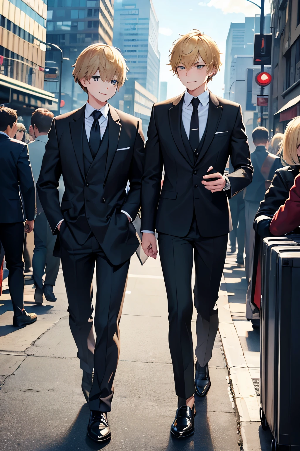 In the heart of New York City, two teenaged men, both clad in black suits and sporting short, shaggy blonde hair, walk side by side with briefcases in their left hands. Their bright smiles illuminate their young faces, as they engage in lively conversation, oblivious to the bustling crowd around them. The sun casts a warm glow on their white collars, contrasting with the concrete jungle backdrop. The atmosphere is alive with energy, as the men's suits blend seamlessly with the urban setting. Behind them, the cityscape unfolds, with towering buildings and the distant sound of honking taxis, all captured in a soft, ethereal blur, accent