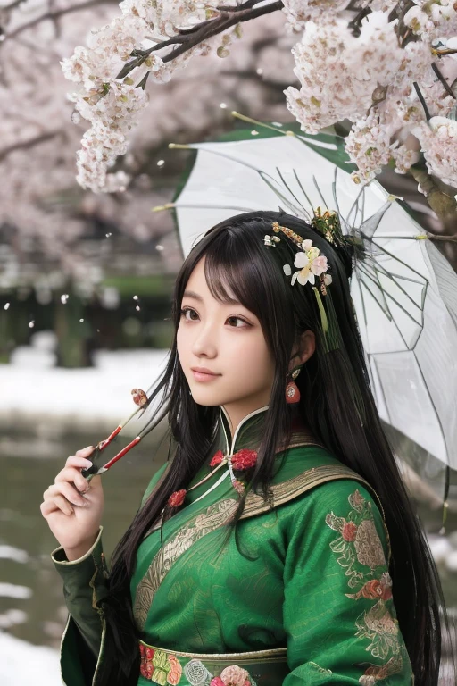 Guan Yinping, happy, black发, brown eyes, hair accessories, hair flower, Green roof, looking at the audience, forest, Half body, holding card, black, eternal, 上Half body，Cherry blossoms,river,An umbrella,snow,Flowers falling