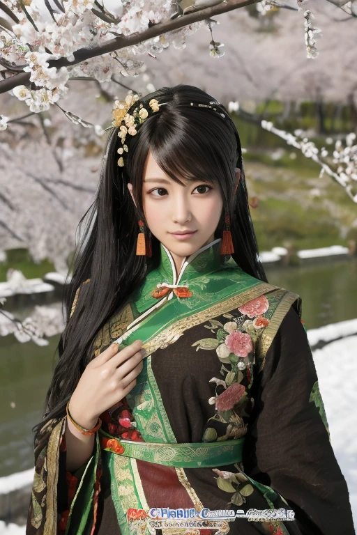 Guan Yinping, happy, black发, brown eyes, hair accessories, hair flower, Green roof, looking at the audience, forest, Half body, holding card, black, eternal, 上Half body，Cherry blossoms,river,An umbrella,snow,Flowers falling