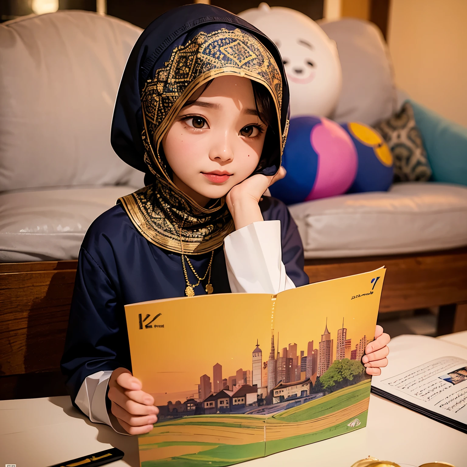 Real Photography. Seorang gadis kecil Indonesia berhijab memegang Alquran memakai batik dan dipadukan sarung sedang duduk dengan disain fractal ukiran ilustrasi papercut bertema ramadhan dengan gambar masjid, lampion,awan, bulan sabit dan bintang, terdapat teks "Ramadhan Kareem" dengan huruf cursive warna gold, 4k hd,jernih