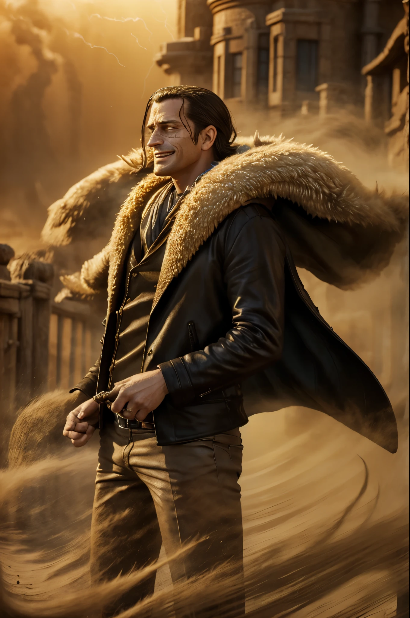 masterpiece, best quality, extremely detailed, hyperrealistic, photorealistic, a cool 40s man, ultra detailed face:1.2, fur-trimmed coat, scarf around the neck, his left hand is a golden pirate hook:1.1, in sandstorm, sly smile