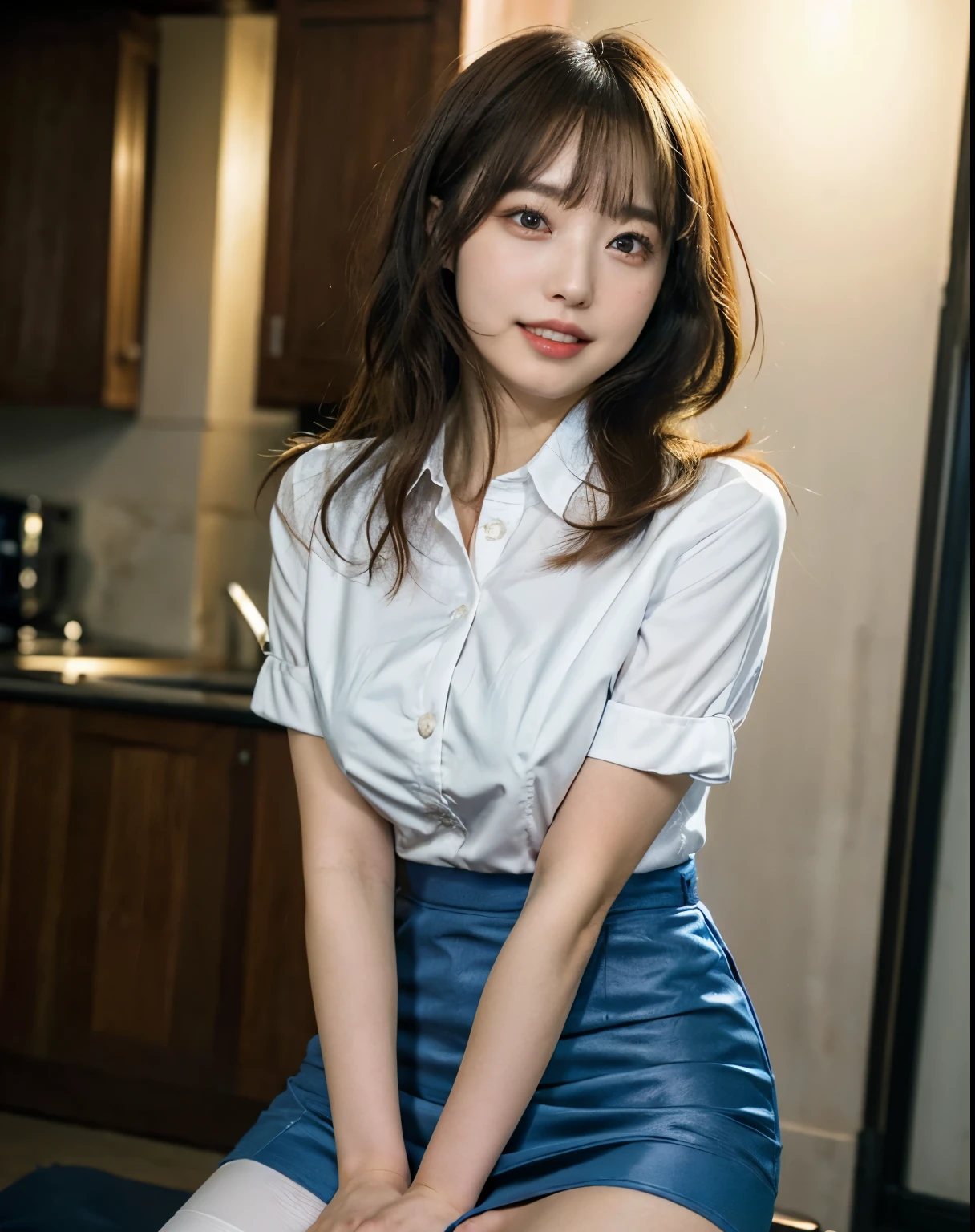 soft light, (((medium hair:1.3), short bangs, Floating hair NovaFrogStyle)), ((ultimate beautiful wife)), 20th generation, detailed eye, (Big eyes:1.3), lip details, 非常にdetailed eyeと顔, beautifully detailed nose, fine and beautiful eyes, long eyelashes, light shines on your face, (parted lips:1.2), (beautiful white teeth:1.3), mature face, ((big and full breasts)), realistic face, realistic body, thick and beautiful thighs, (blue blouse:1.3)、(blue tight micro miniskirt:1.4)、The chest of the blouse is wide open、The whole body to the toes、stockings、(cowboy shot:1.3), ((Depth of written boundary))、With background：((Ginza town, Tokyo))、(Raw photo, highest quality), (realistic, Photoreal:1.3), table top, very delicate and beautiful, very detailed, nffsw, unity , 2k wallpaper, wonderful, small details, light smile, Highly detailed ticker unity 8k wallpaper, huge file size, Super detailed, High resolution, absurd,
