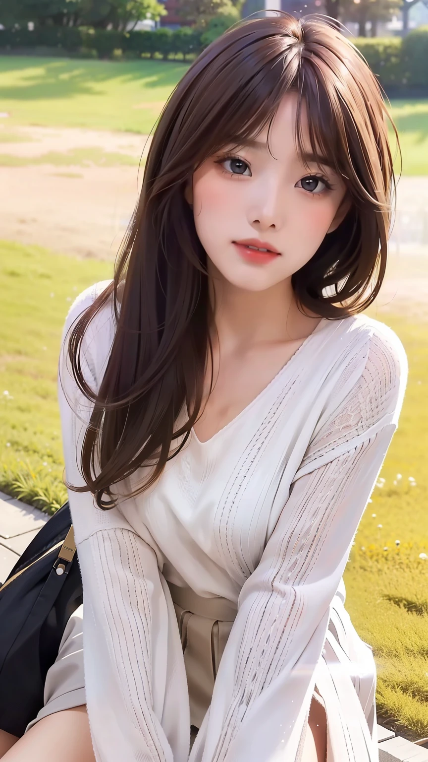 (1girl:1.3), sexy pose, slim body,
(photorealistic:1.4), (masterpiece, top quality, best quality, official art), extreme detailed, highest detailed, (ultra-detailed), ((an extremely delicate and beautiful)), cinematic light,  (realisticlying:1.3), 
(highdetailskin:1.2), high resolution, 8K UHD, 4K, 8K, Bokeh, 
digital SLR camera, absurderes, Optimal proportions of four fingers and one thumb,
in the park with trees,sitting on bench, 
((silky long hair)), (brown hair),  tears,
beautiful face, perfect face, highly detailed beautiful face, 
Cute, shy,blush,
dynamic angle, from above,looking at viewer,  
wearing brown sweater,skirt
