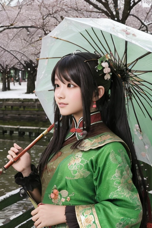 Guan Yinping, happy, black发, brown eyes, hair accessories, hair flower, Green roof, looking at the audience, forest, Half body, holding card, black, eternal, 上Half body，Cherry blossoms,river,An umbrella,snow,Flowers falling