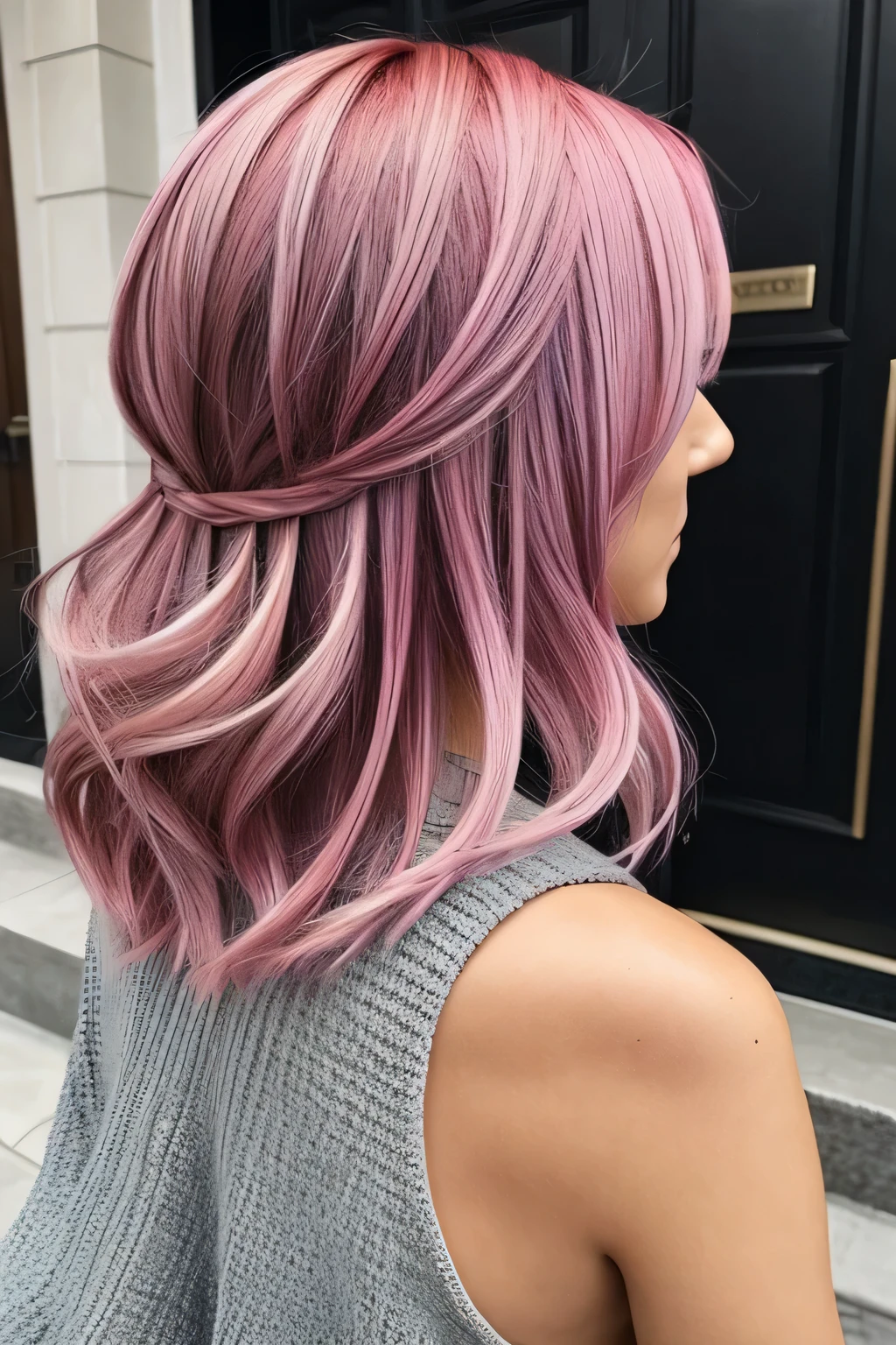girl, , short shoulder-length hair, pink hair color,