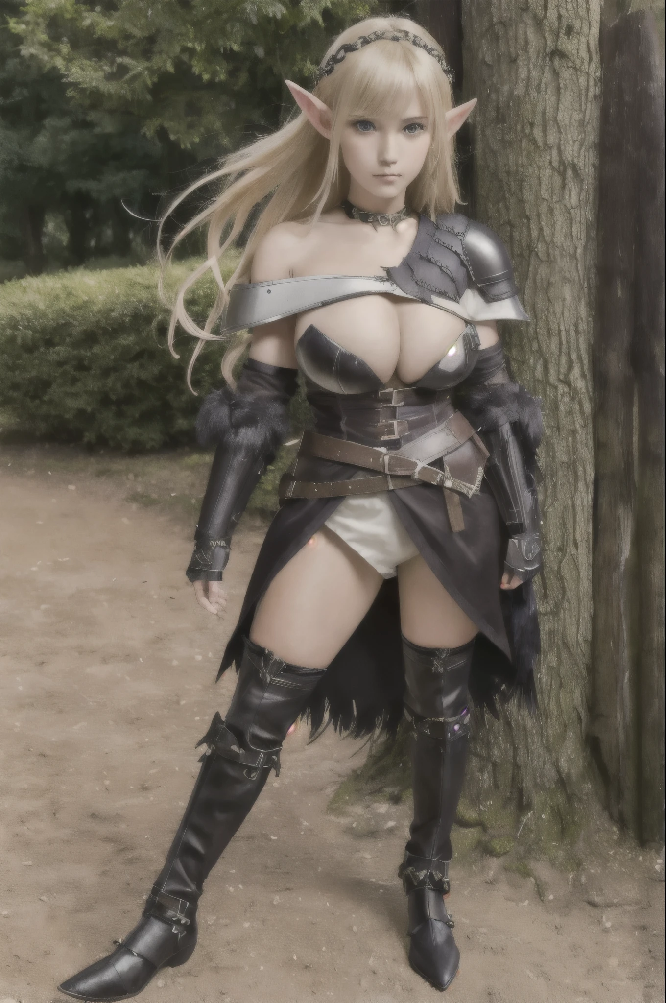 (8k photograph), best quality, (((masterpiece))), ultra high res, 1girl, (17years old), ((beautiful anime eyes with fine detail)), offshoulder, in the dark, deep shadow, elf ears, very long blond hair, bangs, leather fantasy clothes, elf girl, (big breast:1.5), (((full body))), silver details, medieval clothes, detailed face, bootagic staff, beltt, bracelets, (((shoulder armor))), elegant, (((furr))), dress, (((crow in her shoulder)))