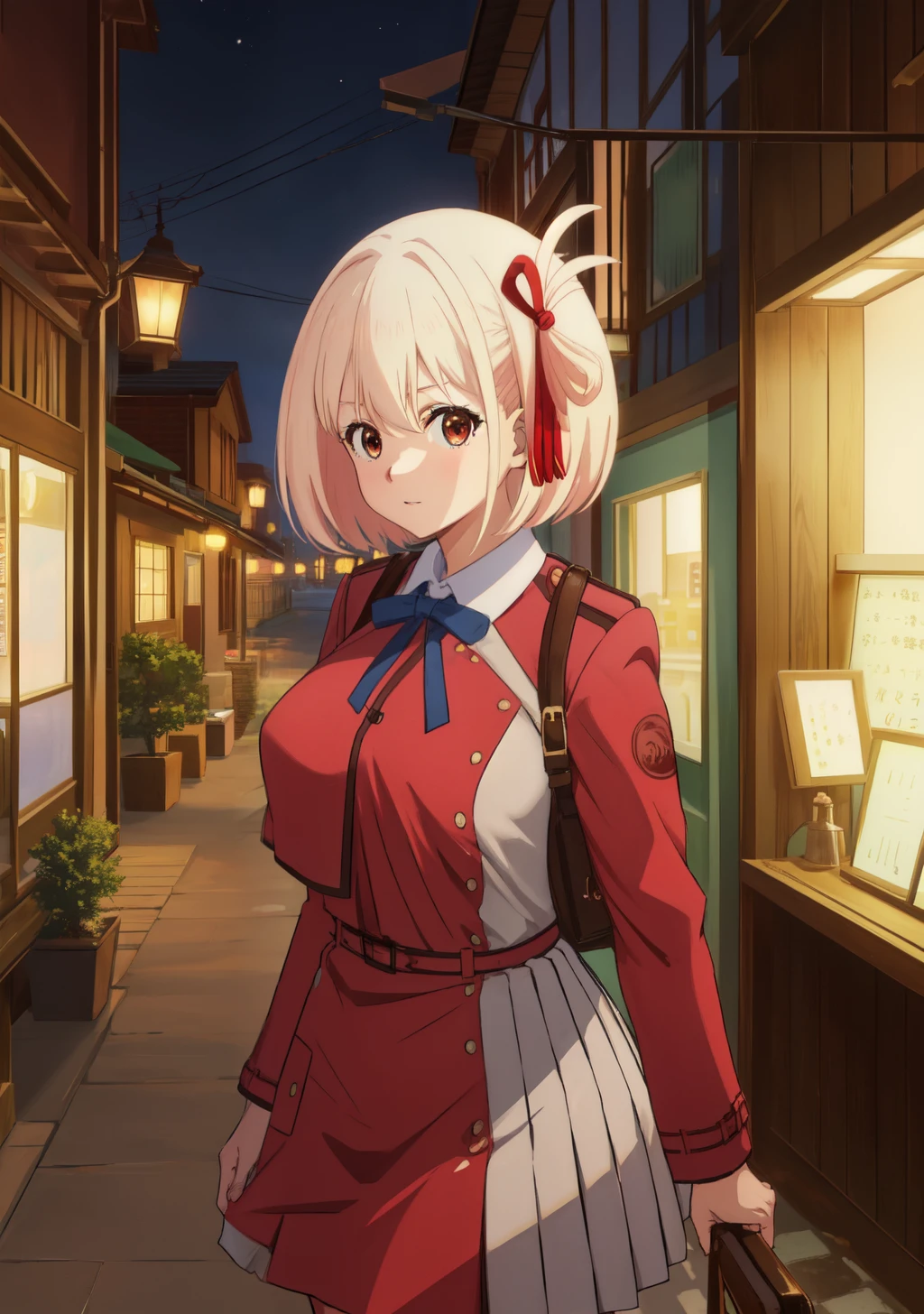 ​masterpiece, city alley at night, upper body, from front, looking at viewer, center of the image, focused in chest and face, large breasts, huge breasts, top-quality, Chisato Nishikiki、Platinum Blonde Hair、Anime girl with red eyes,bob cuts,Anime visuals of cute girls,Smooth Anime、an anime girl、hi-school girl、Plaid uniform、long-sleeve, Plaid Dresses,