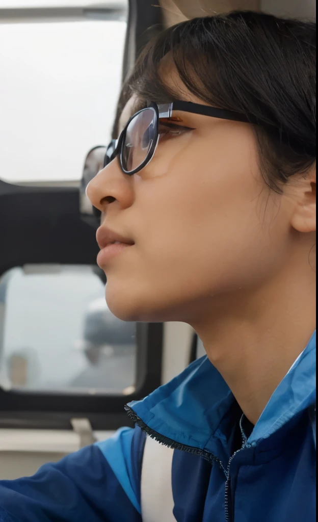 man, student, blue sky, airplane, Asia, black eyes, black hair, black square glasses, poilt