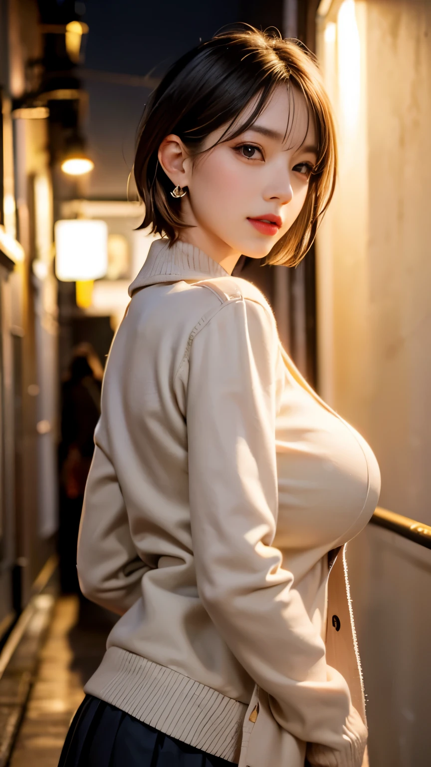 The highest quality, masterpiece, formal, Writing like a horror movie、(key light:Front diagonal 45 degrees, fill light、Backlight、shadow、blue and orange color palette), accurate human body、detailed person、Correct five-finger、
(dripping sweat、oil skin,Sparkling肌、realistic skin texture、detailed beautiful skin、shiny skin、shiny skin)
(Mature women standing in a line sticking out towards the viewer:1.4), (detailed pupil, perfect eyes:1.2), (Shiny clothes that reflect light and are very wrinkled:1.2), Sparkling, Sparklingした金色, (hoop earrings), necklace, latex, glamorous perfect female proportions, enchanting smile, fine surface texture, high school girl、Bewitching Woman、short hair、Cream yellow and inner color hair color、high school uniform、White shirt and black pleated skirt、(A girl wearing a cream yellow cardigan)、(((big breasts))), big cleavage、back alley at night、road without lights、dark and dirty narrow alley、1 gal、