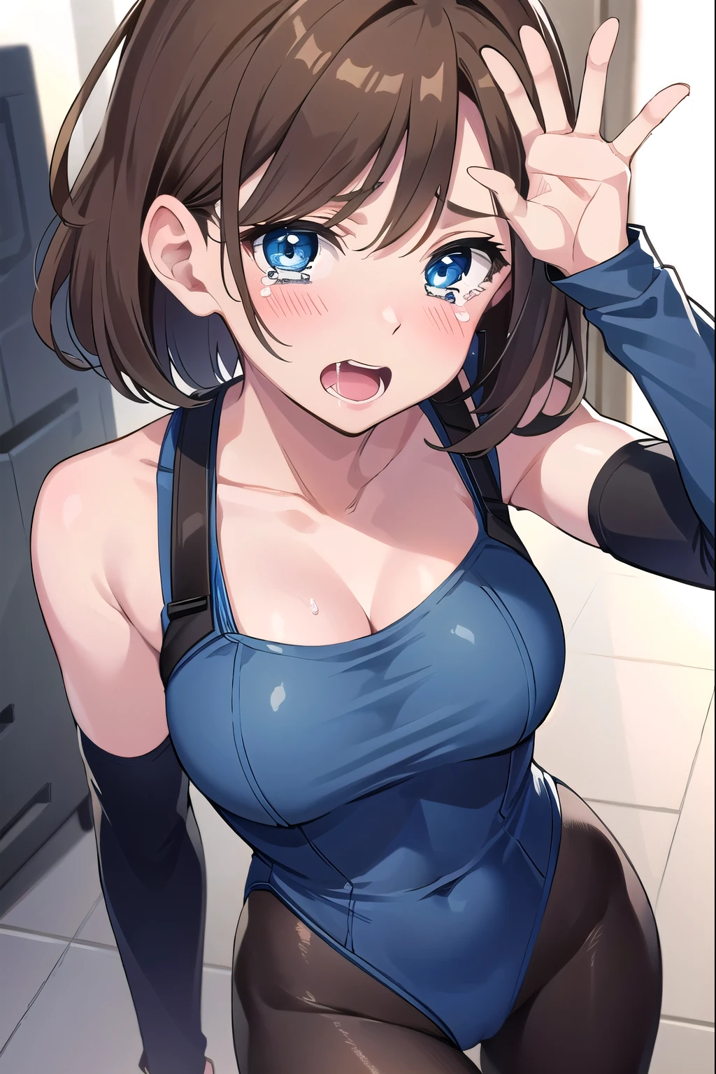 Lots of zombies around,Jill, Jill・バレンタイン, 1 girl,blue eyes,short hair, brown hair, big breasts, looking at the viewer, brown hair, fight,blue leotard,high leg cut,put your hand on your waist,embarrassing,crying face,tears,blush,wide open mouth,saliva