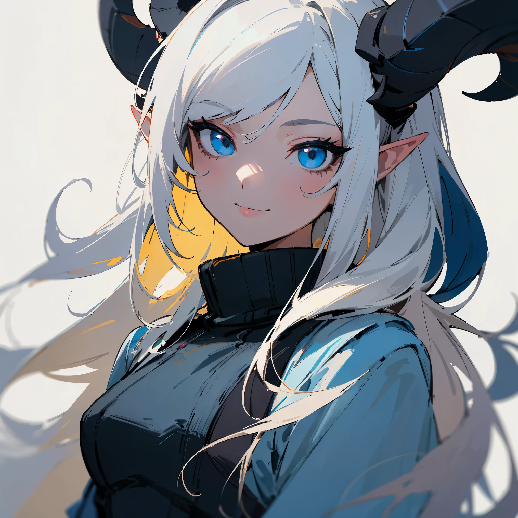 (Masterpiece, Top Quality, Best Quality, Official Art, Beauty and Aesthetics: 1.2), (Flat Color: 1.3), Very Detailed, Detailed Face and Eyes, Cinematic Light, SFW, Anime, Depth of Field, 1 Girl, Nervous Smile, Solo, Official, White Hair, Elf Ears, Long Messy Hair, Blue Eyes, Black Eye Shadow, Medium Tits, Black Horns, Black,Black Turtleneck