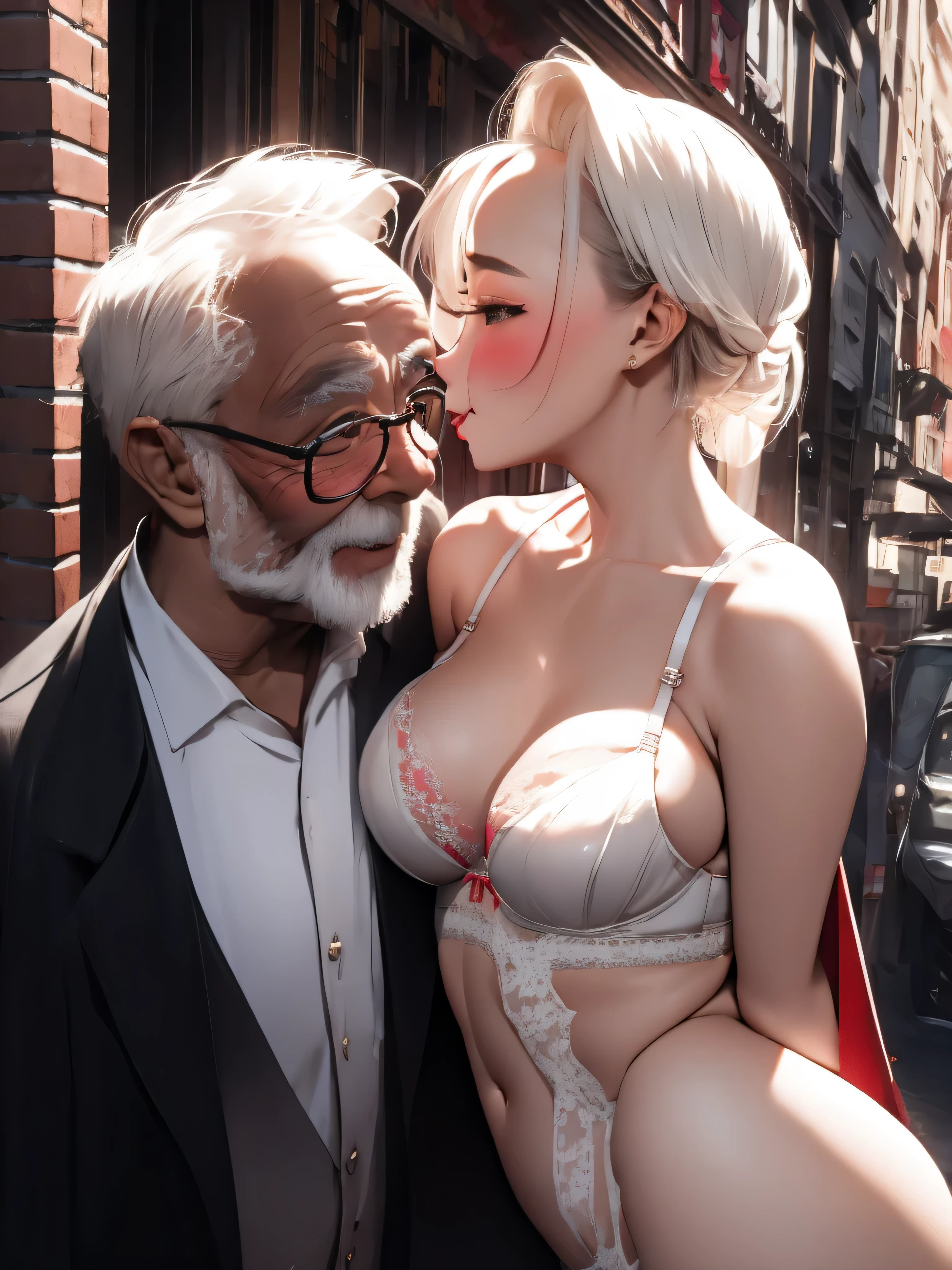 Bride wearing sexy lingerie and strong old man making out in the street, ultra high definition, masterpiece, textured skin, Super details, best quality, 8K.