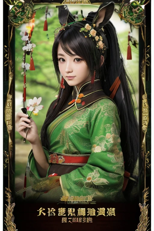 Guan Yinping, fight, flame,flame,happy, black发, brown eyes, hair accessories, hair flower, Green roof, looking at the audience, forest, Half body, holding card, black, eternal, 上Half body，Cherry blossoms,river,rabbit,Phoenix