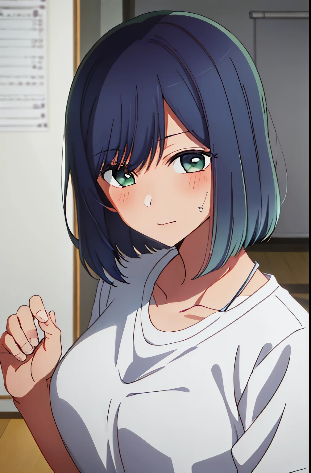 Kurokawa akane, solo girl, in bed, short hair, dark blue hair and  green eyes, light shirt and no bra, anime visual of a cute girl, screenshot from the anime film, & her expression is solemn, in the anime film, in an anime, anime visual of a young woman, she has a cute expressive face, still from anime, big breast, red cheek, lustful face, fair skin