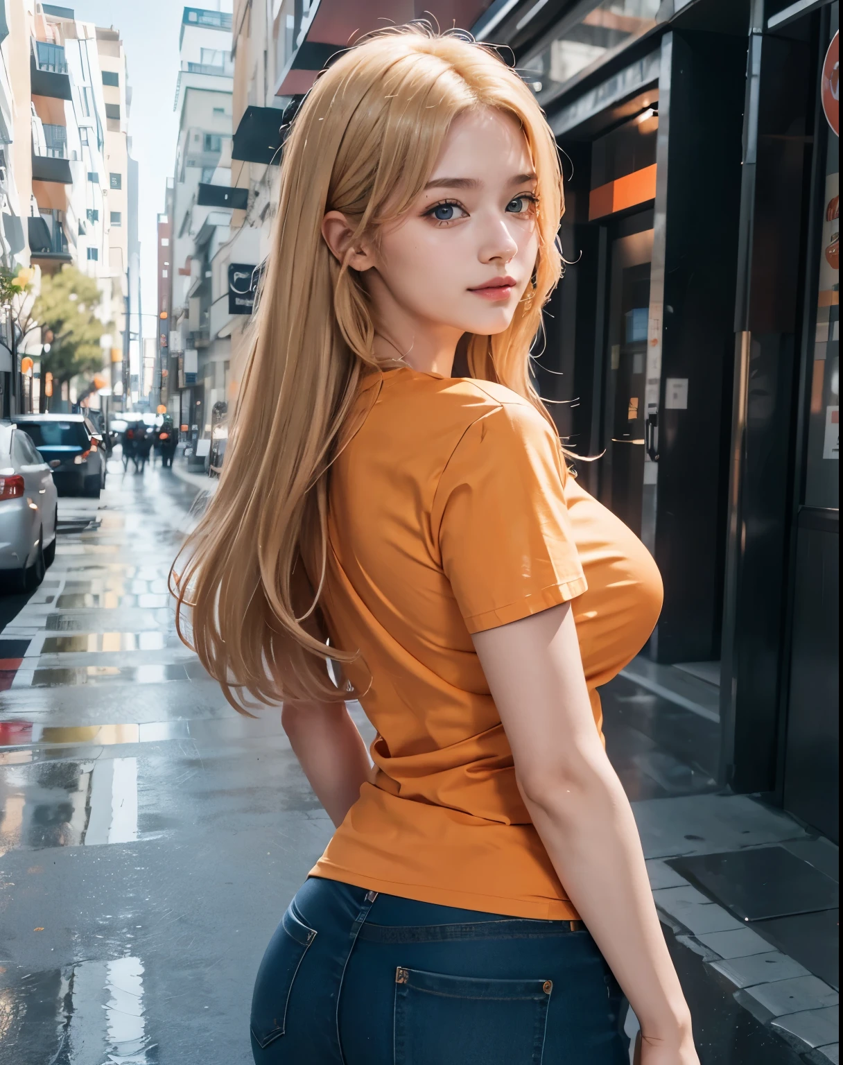 1girl, (Blue Eyes), (smiling), (Sana Minatozaki), wide hips, Big tits, big ass, (Best Quality, 8k, Masterpiece: 1.3), Clear Focus: 1.2, Perfect Body Beauty: 1.4, Highly detailed face and skin texture, detailed eyes, double eyelids, (blond long hair :1.2), (Orange T-shirt :1.3), (skinny jeans), standing, looking back, view from back, big buttocks :1.2, in a street, sakura