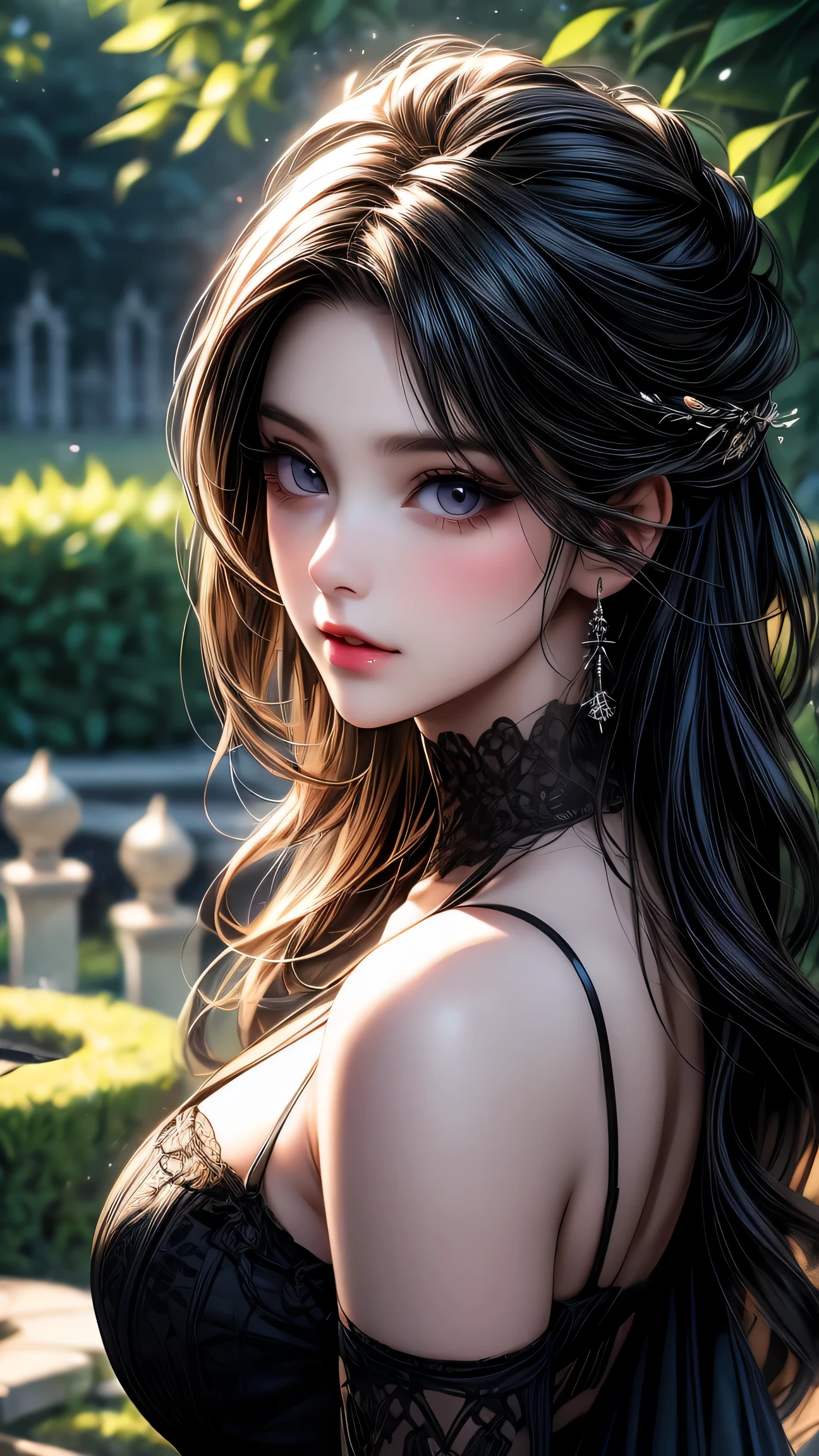 garden girl,fine and beautiful eyes,fine eyes、beautiful detailed lips,非常にfine eyesと顔,black eye、long eyelashes,shape,Super detailed,最high quality,4k,8K,High resolution,masterpiece:1.2,Ultra-fine painting,sharp focus,Professional,bright colors、sexy、masterpiece, 最high quality, high quality, High resolution、cinematic lighting、