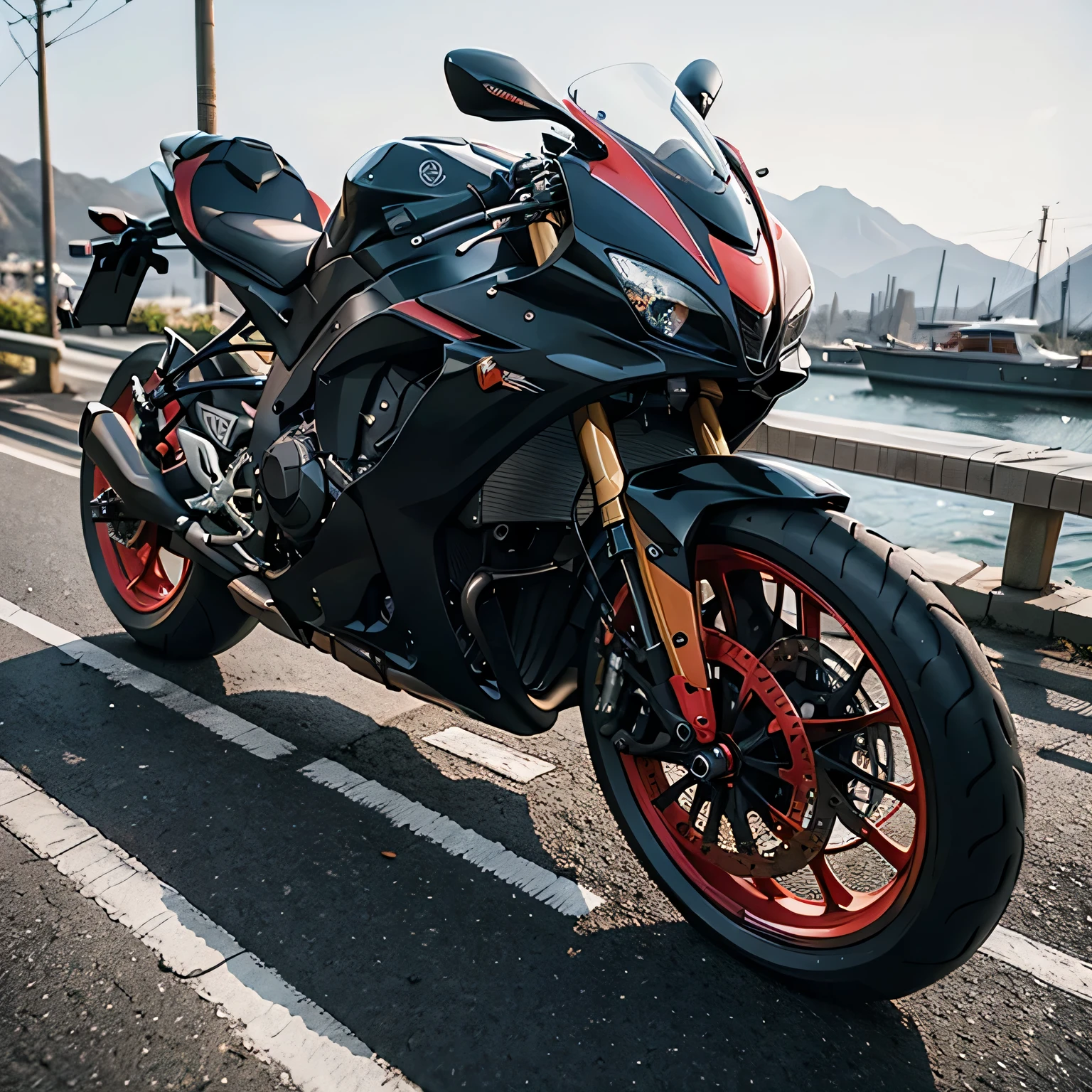 A breathtakingly beautiful black with slight red sports bike, conceptualized with the mystical Akatsuki theme(red cloud, sharingan). Best quality presentation, (1.4 Ultra High Definition), hyper-realistic rendering.