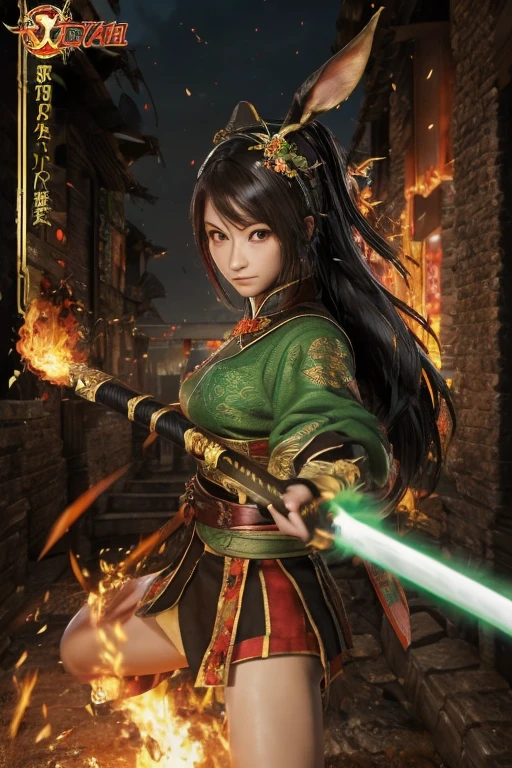 Guan Yinping, fight,Take a long sword,assassin,flame,flame,happy, black发, brown eyes, hair accessories, hair flower, Green roof, looking at the audience, forest, Half body, holding card, black, eternal, 上Half body，Cherry blossoms,river,rabbit,flaming Phenix