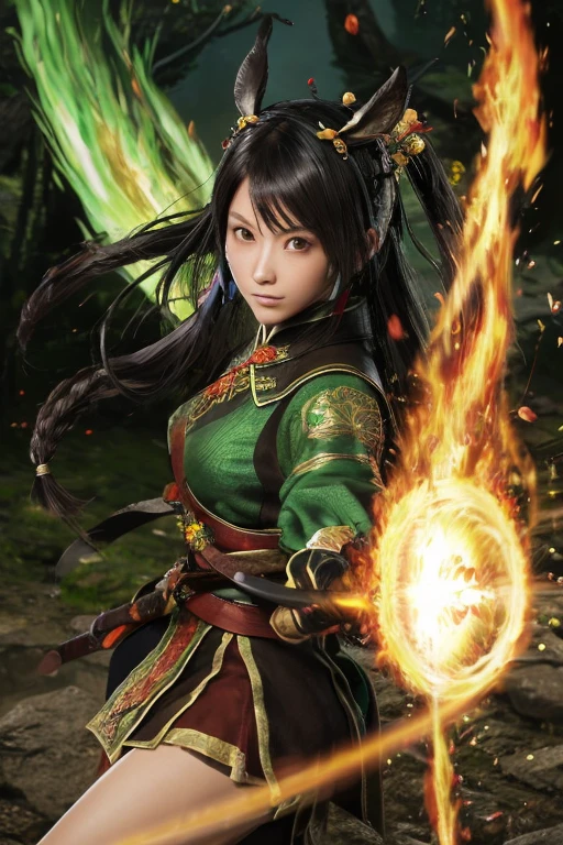 Guan Yinping, fight,Take a long sword,assassin,flame,flame,happy, black发, brown eyes, hair accessories, hair flower, Green roof, looking at the audience, forest, Half body, holding card, black, eternal, 上Half body，Cherry blossoms,river,rabbit,flaming Phenix