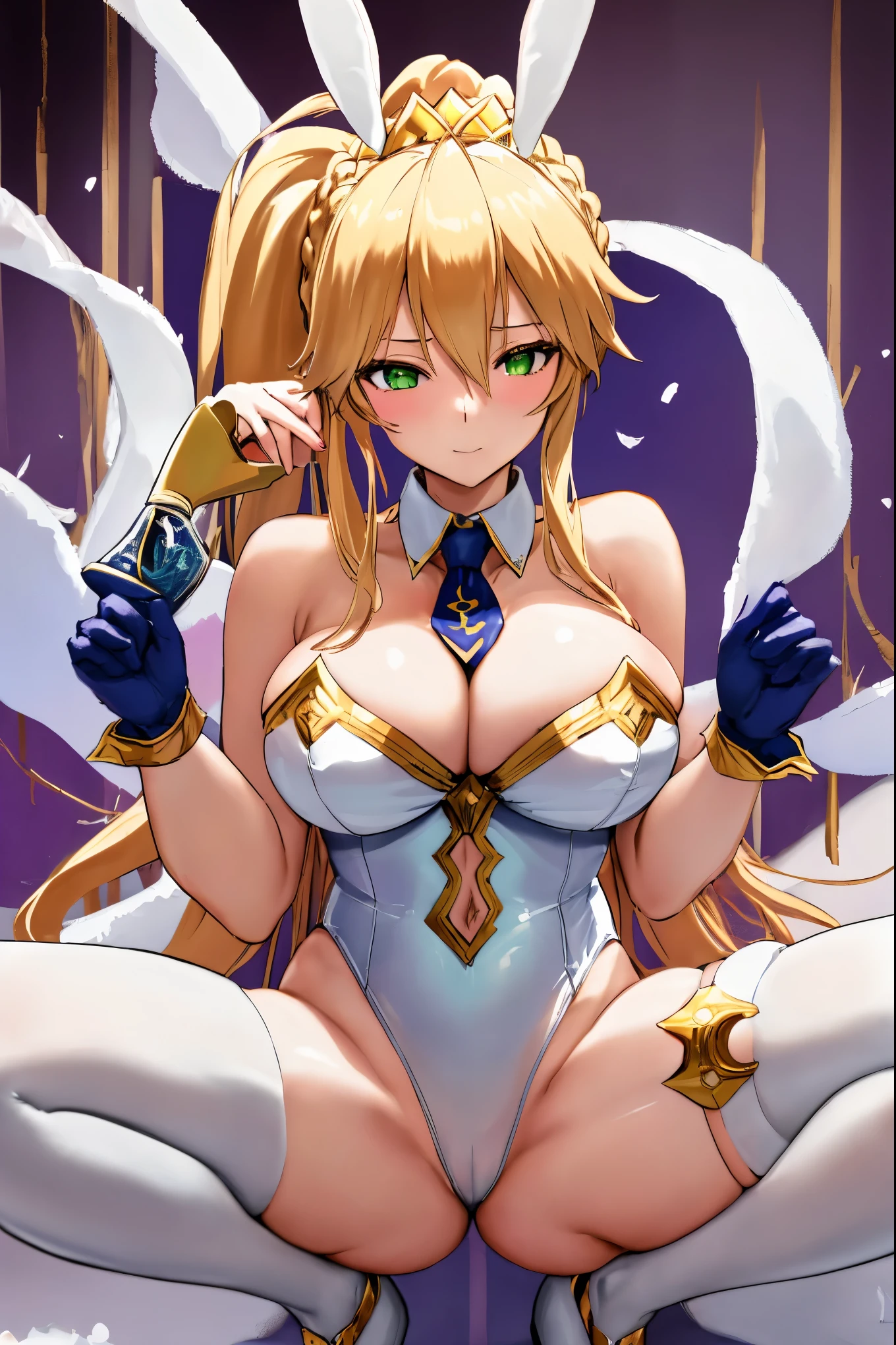 masterpiece, best quality, absurdres, looking at viewer, (light_smile:0.6),
1girl, ahoge, rabbit ears, playboy bunny, artoria pendragon \(swimsuit ruler\) \(fate\), large breasts , blonde hair, green eyes, french braid, pony tail
bare shoulders, large breasts , cleavage,
clothing cut out, wrist cuffs, detached collar, cutout, feather boa,
white leotard, blue necktie, blue pantyhose, single thigh strap, hands_above_head,(squat:1.3),(spread_legs:1.3),rabbit_pose,armpits,solo,