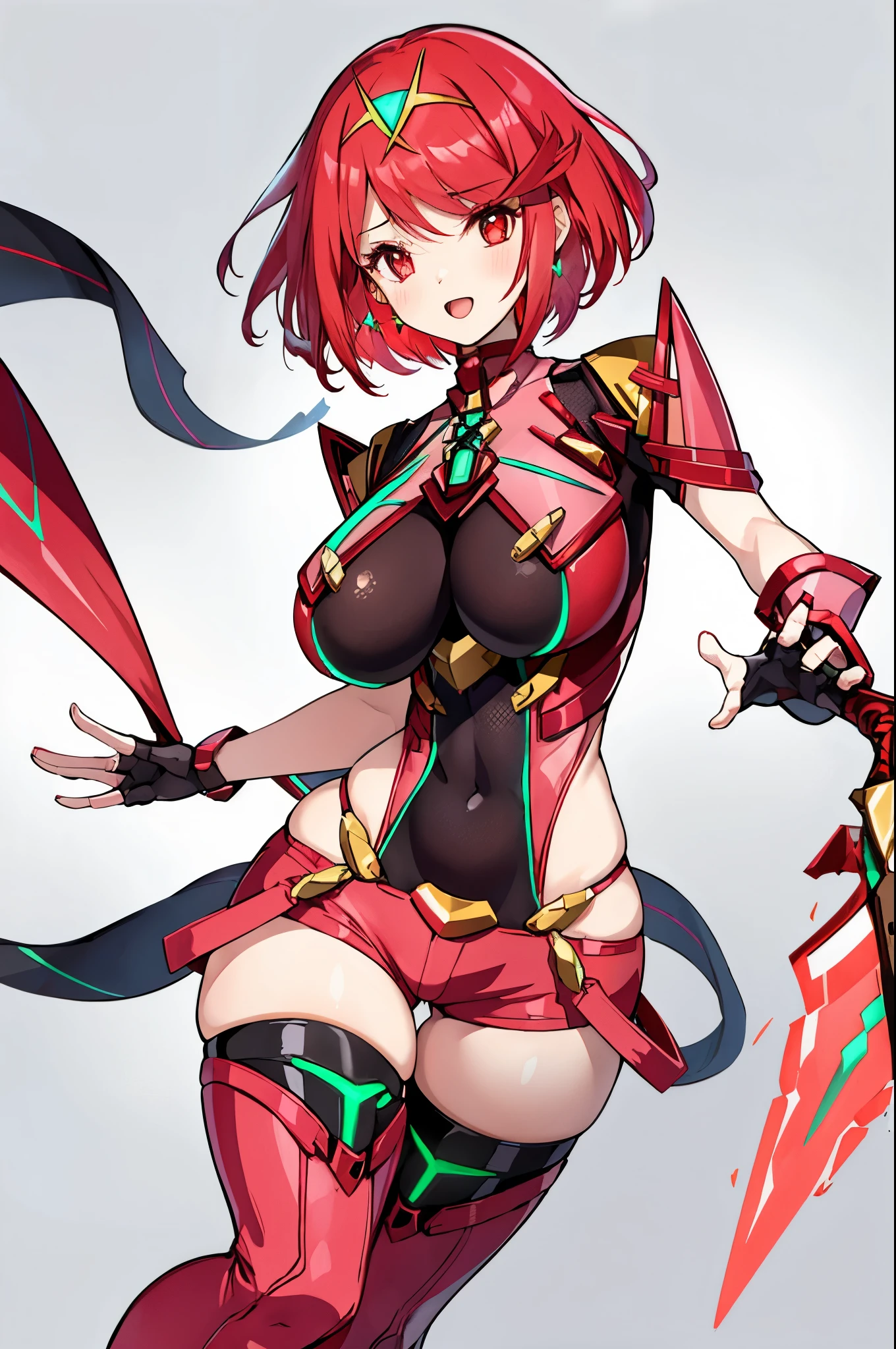 pyra \(xenoblade\), _1girl, armor, bangs, black gloves, breasts, red eyes, closed mouth, earrings, eyelashes, fingerless gloves, floating hair, framed breasts, gem, gloves, hair ornament, headpiece, jewelry, big_breasts, leaning back, leotard, neon trim, official art, pose, red hair, red shorts, saitou masatsugu, short hair, short shorts, short sleeves, shorts, sidelocks, skin tight, solo, standing, swept bangs, thighhighs, tiara, night_prairie_background, turtleneck, underbust, vambraces, xenoblade chronicles \(series\), (xenoblade chronicles 2), apart_legs, fire_effect,dynamic_pose_fighting,light_smile, (plump:1.1), big_ass,huge_sword, hold_large_sword_hilt, solo, covered_nipples, covered_pussy,open_mouth,back_view,