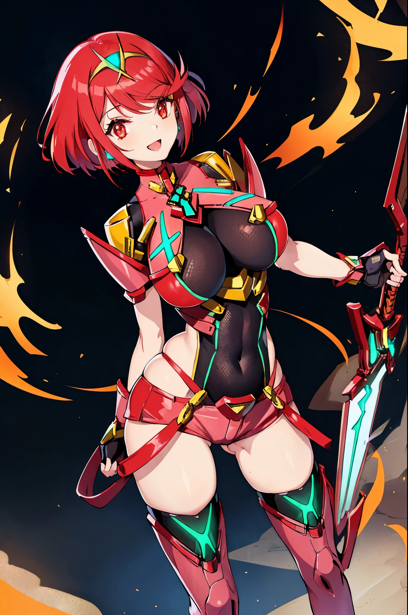 pyra \(xenoblade\), _1girl, armor, bangs, black gloves, breasts, red eyes, closed mouth, earrings, eyelashes, fingerless gloves, floating hair, framed breasts, gem, gloves, hair ornament, headpiece, jewelry, big_breasts, leaning back, leotard, neon trim, official art, pose, red hair, red shorts, saitou masatsugu, short hair, short shorts, short sleeves, shorts, sidelocks, skin tight, solo, standing, swept bangs, thighhighs, tiara, night_prairie_background, turtleneck, underbust, vambraces, xenoblade chronicles \(series\), (xenoblade chronicles 2), apart_legs, fire_effect,dynamic_pose_fighting,light_smile, (plump:1.1), big_ass,huge_sword, hold_large_sword_hilt, solo, covered_nipples, covered_pussy,open_mouth,back_view,