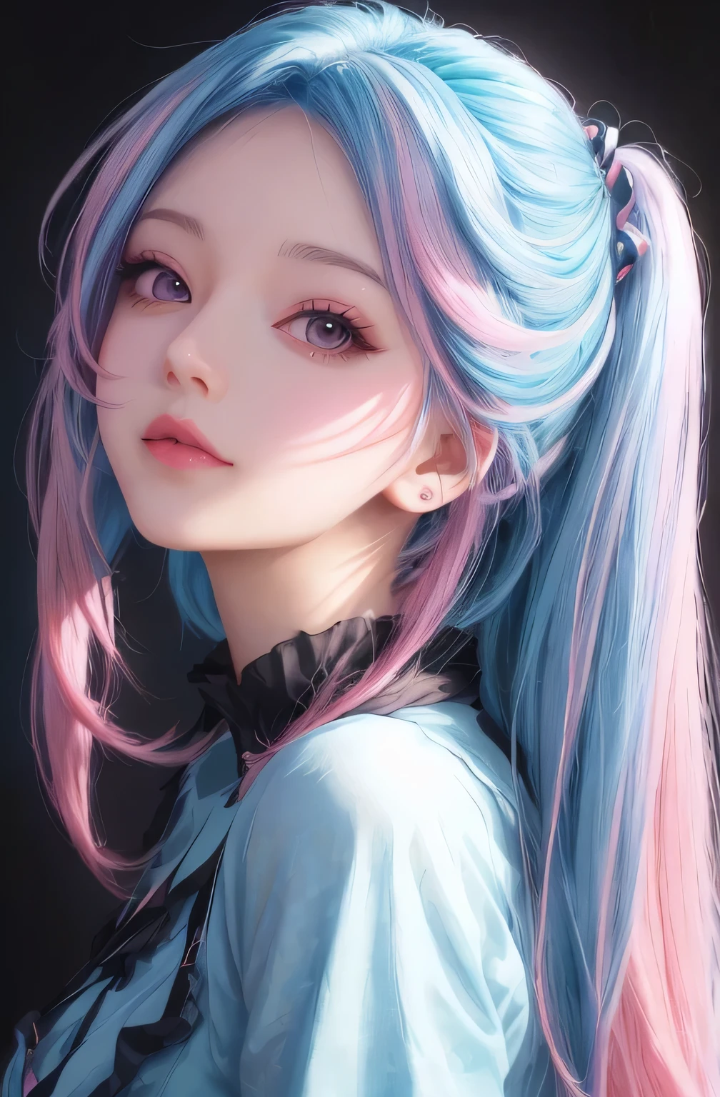 a woman with blue hair and pink hair wearing a blue top, beautiful anime portrait, stunning anime face portrait, detailed portrait of anime girl, beautiful anime style, beautiful anime face, beautiful anime girl, rossdraws pastel vibrant, pretty anime girl, cute anime girl portraits, portrait anime girl, cute anime girl portrait, anime girl with cosmic hair, digital anime art