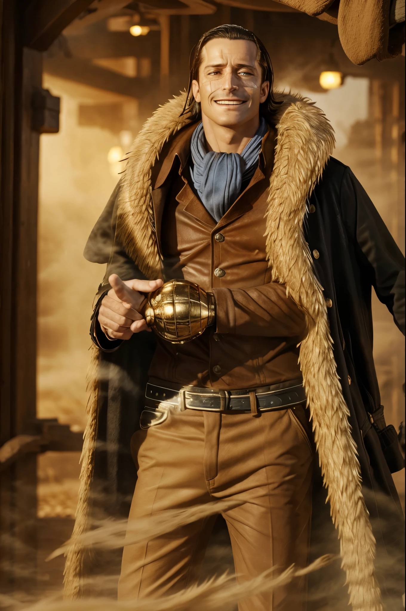 masterpiece, best quality, extremely detailed, hyperrealistic, photorealistic, a cool 40s man, ultra detailed face:1.2, fur-trimmed coat, scarf around the neck, his left hand is a golden pirate hook:1.1, in sandstorm, sly smile