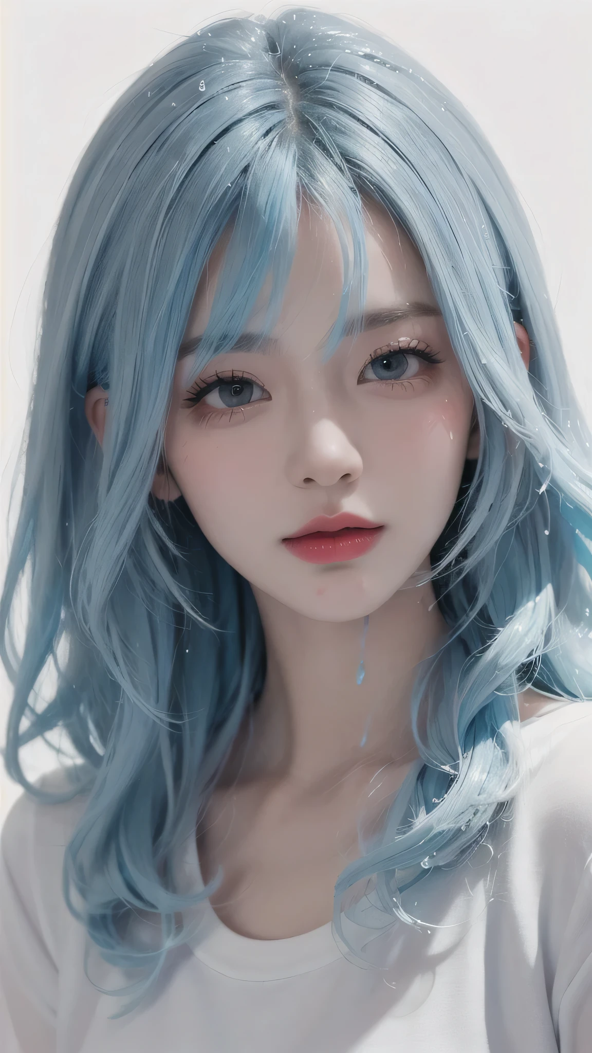 (Masterpiece, Best Quality, High Resolution), White Background, Acrylic Paint, ((Color Splash, Splash of Ink, Color Splash)), Sweet Chinese Girl, Long Light Blue Hair, [Light Blue|Pink] Hair, Curly Hair, Glitter, Peach Lips, White Shirt, Front, Upper Body